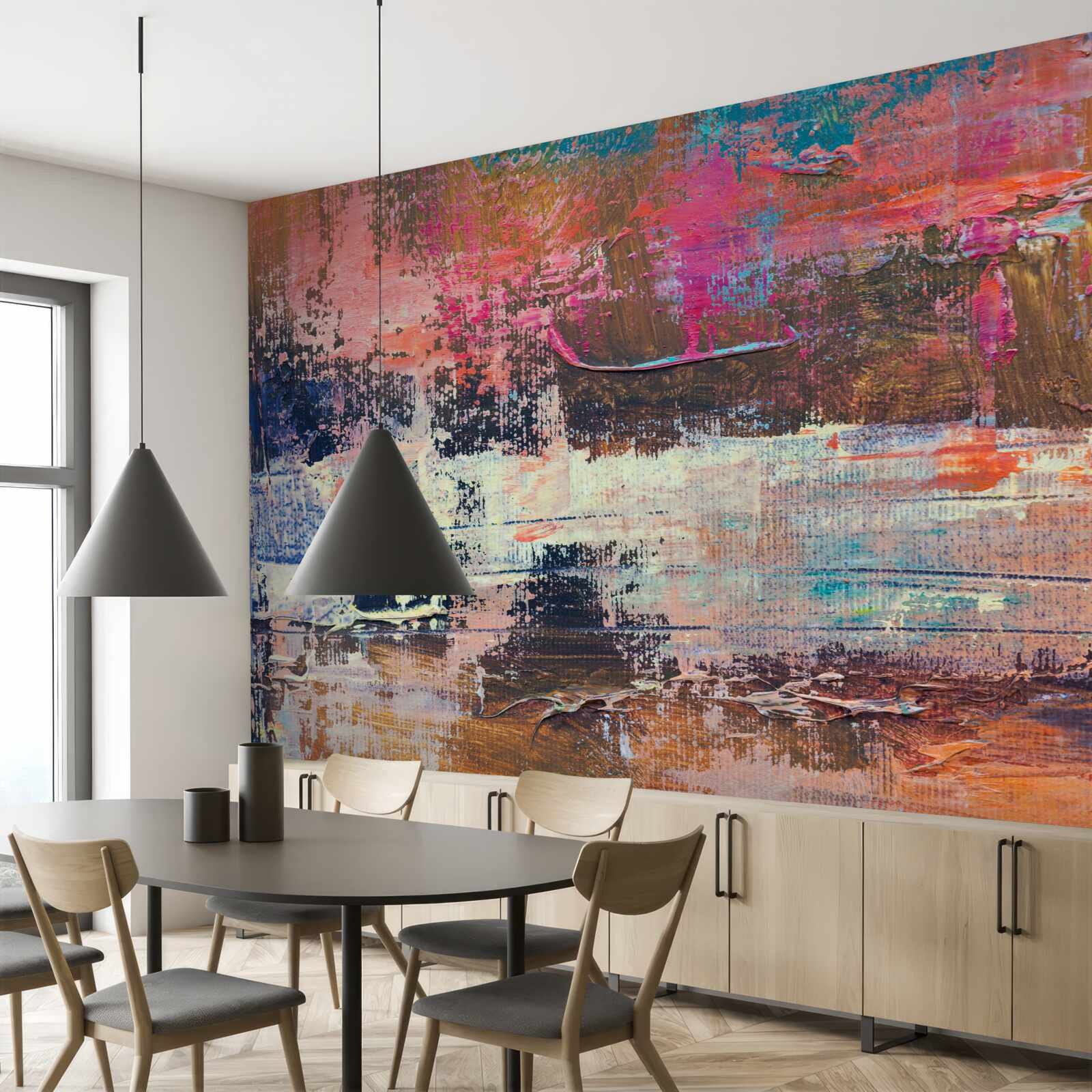 Fotobehang zonsondergang in het bos, geschilderd in roze tinten