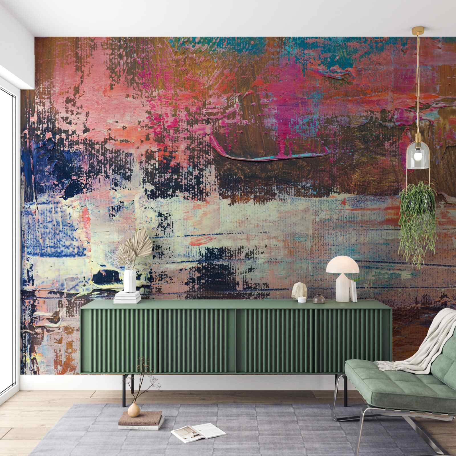 Fotobehang zonsondergang in het bos, geschilderd in roze tinten