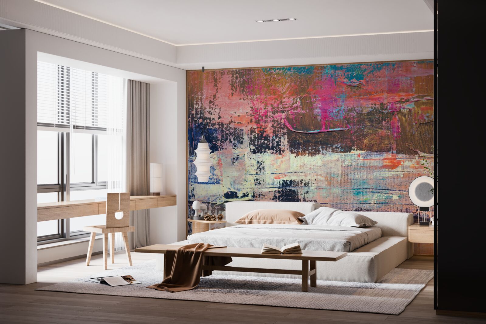 Fotobehang zonsondergang in het bos, geschilderd in roze tinten