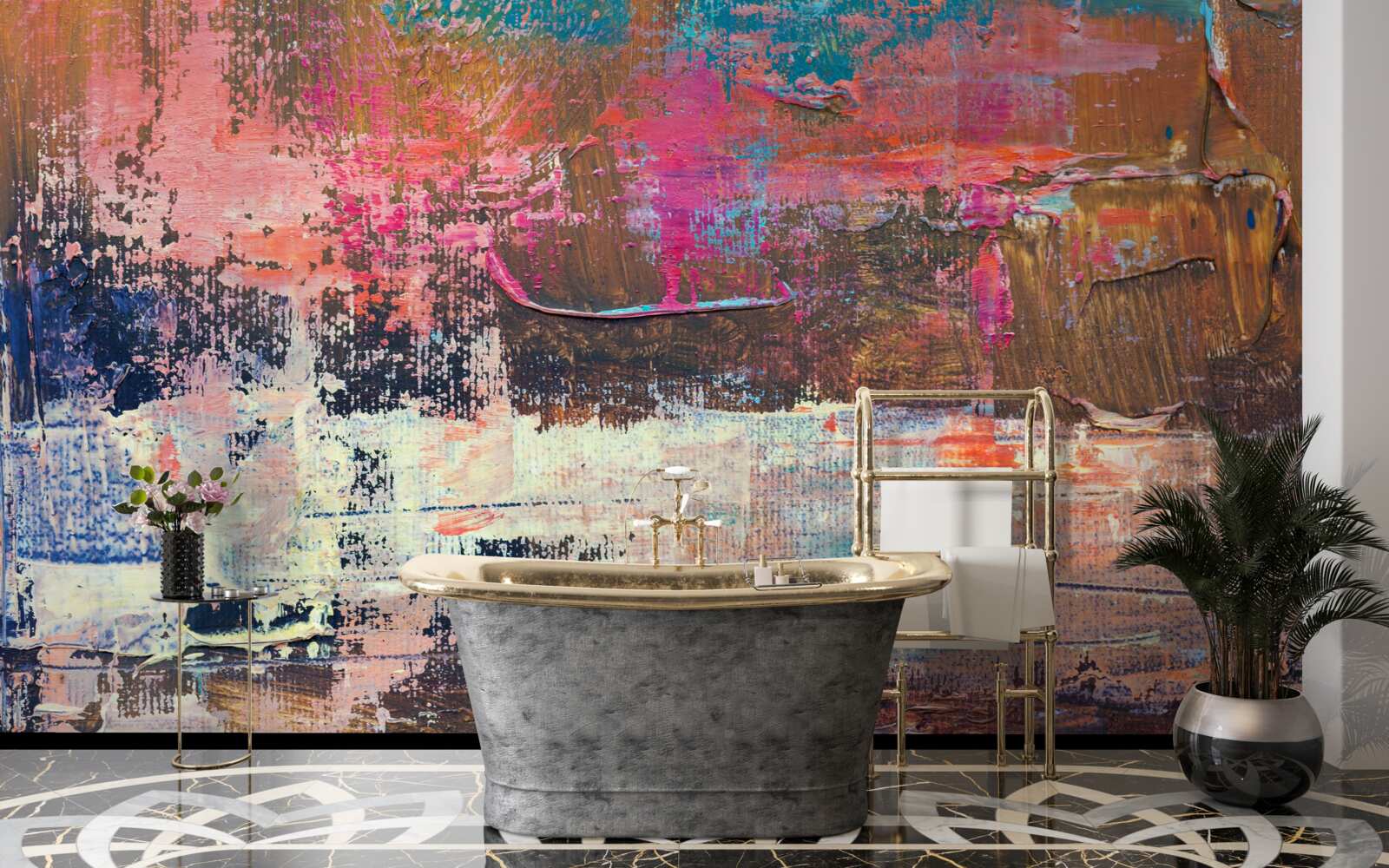 Fotobehang zonsondergang in het bos, geschilderd in roze tinten