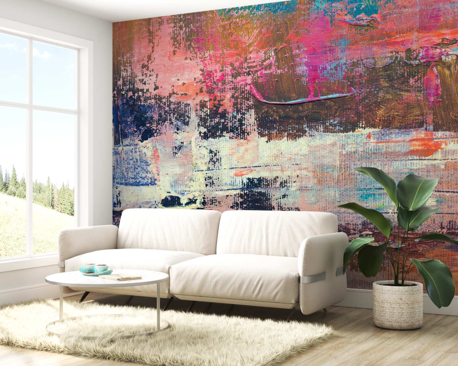 Fotobehang zonsondergang in het bos, geschilderd in roze tinten