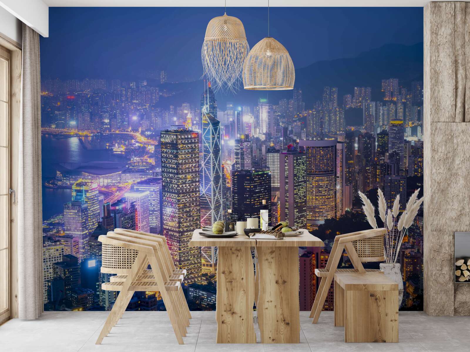 Fotobehang panoramisch uitzicht op hong kong bij nacht vanaf de observatietoren