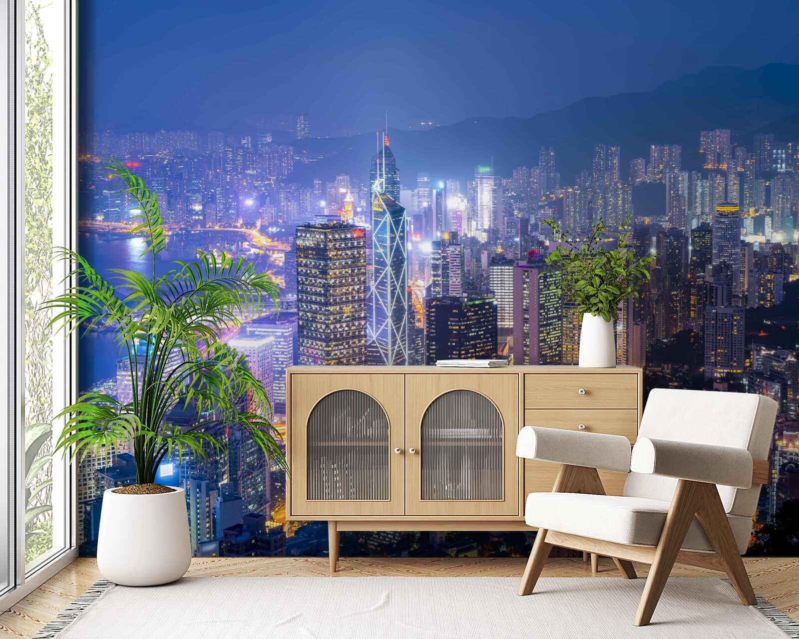 Fotobehang panoramisch uitzicht op hong kong bij nacht vanaf de observatietoren