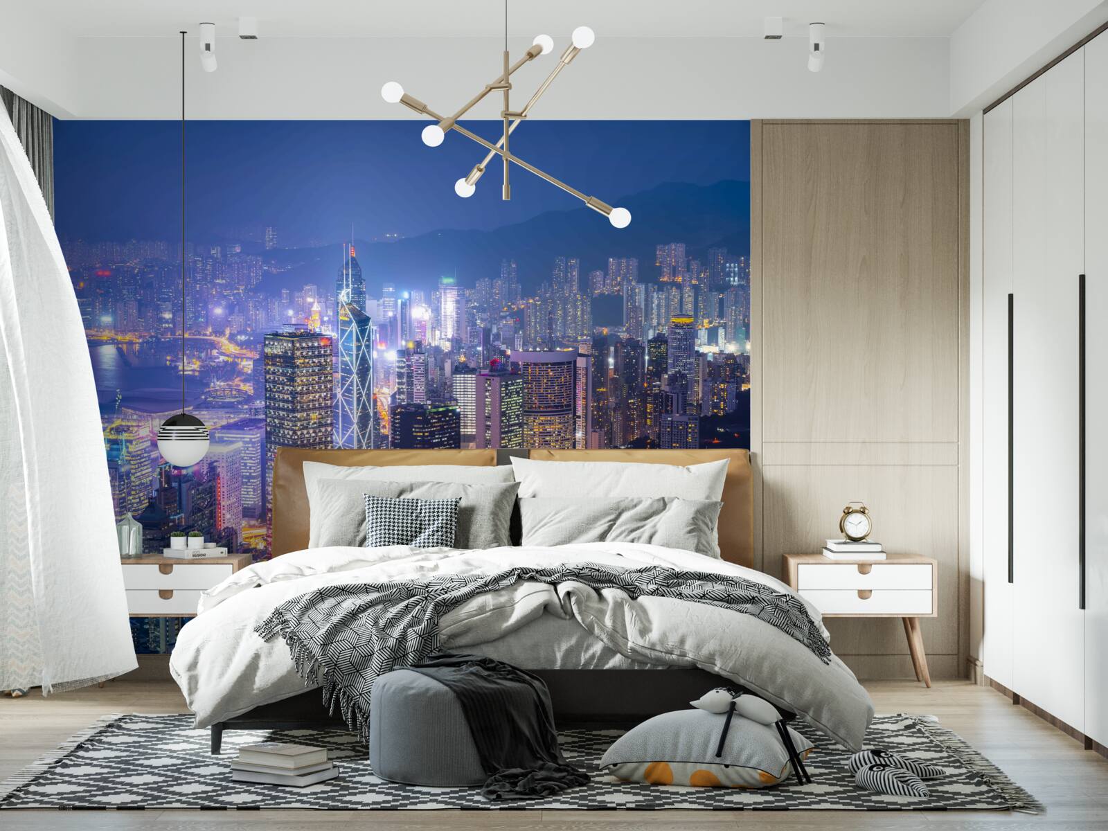 Fotobehang panoramisch uitzicht op hong kong bij nacht vanaf de observatietoren