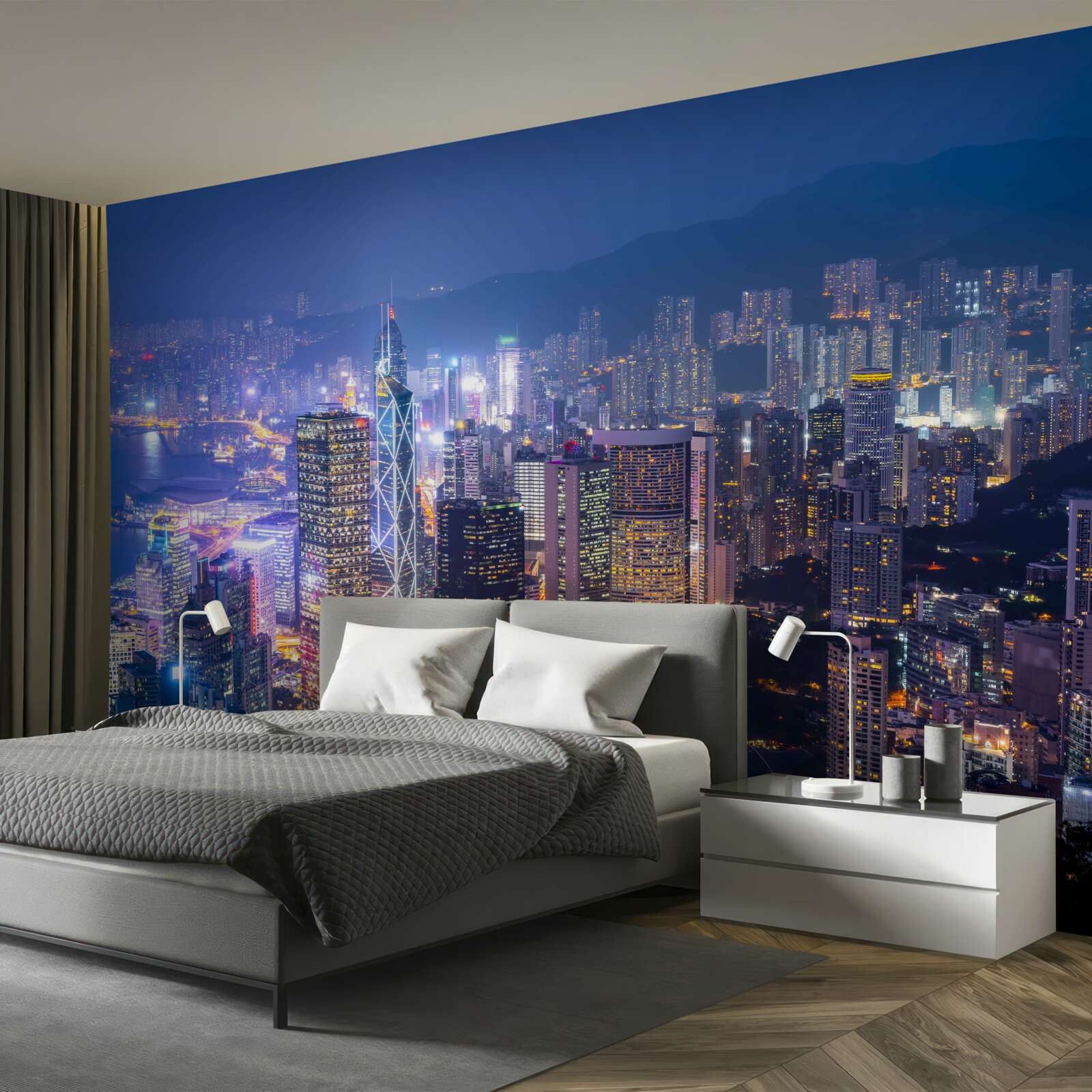 Fotobehang panoramisch uitzicht op hong kong bij nacht vanaf de observatietoren