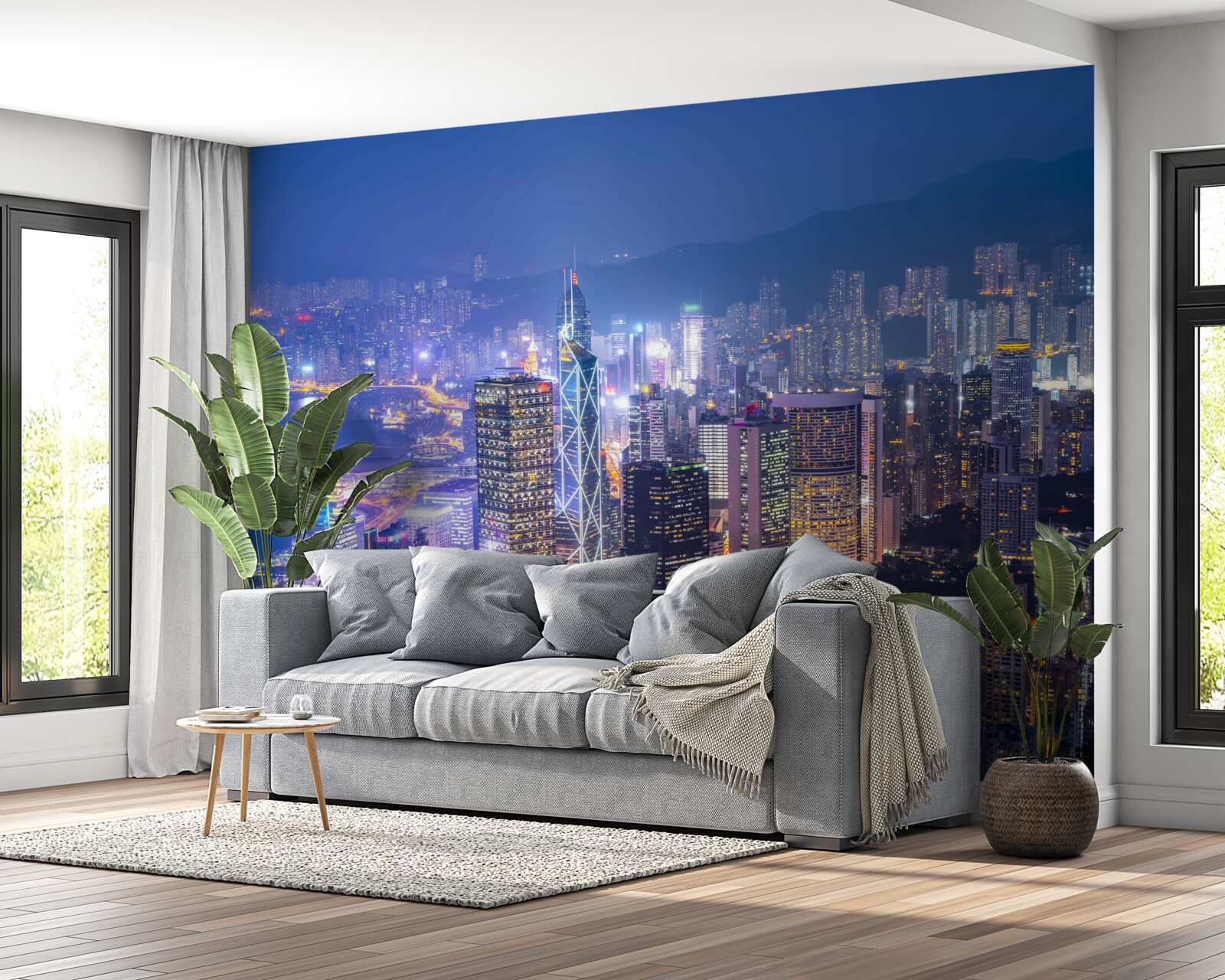 Fotobehang panoramisch uitzicht op hong kong bij nacht vanaf de observatietoren