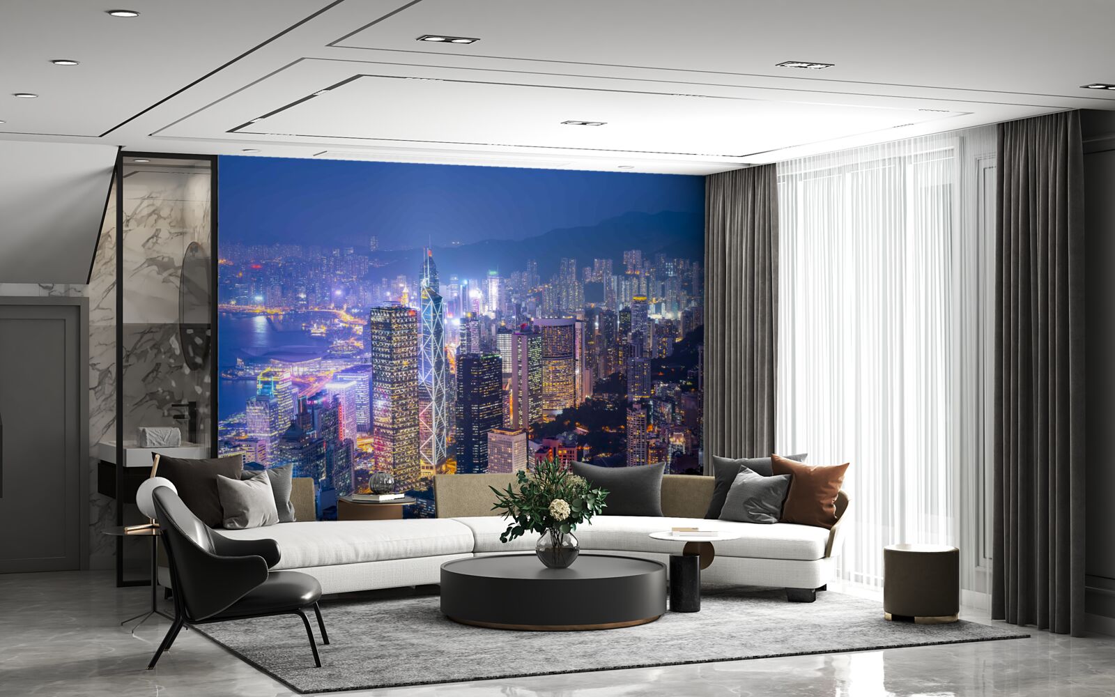 Fotobehang panoramisch uitzicht op hong kong bij nacht vanaf de observatietoren