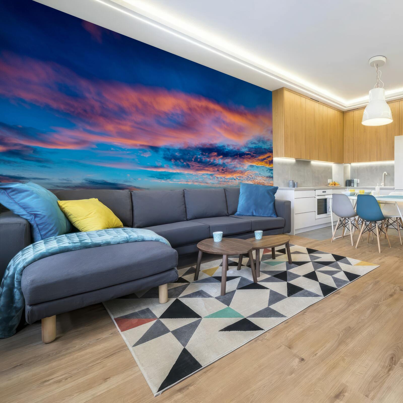 Fotobehang wolken bij zonsondergang, opgeworpen door de wind