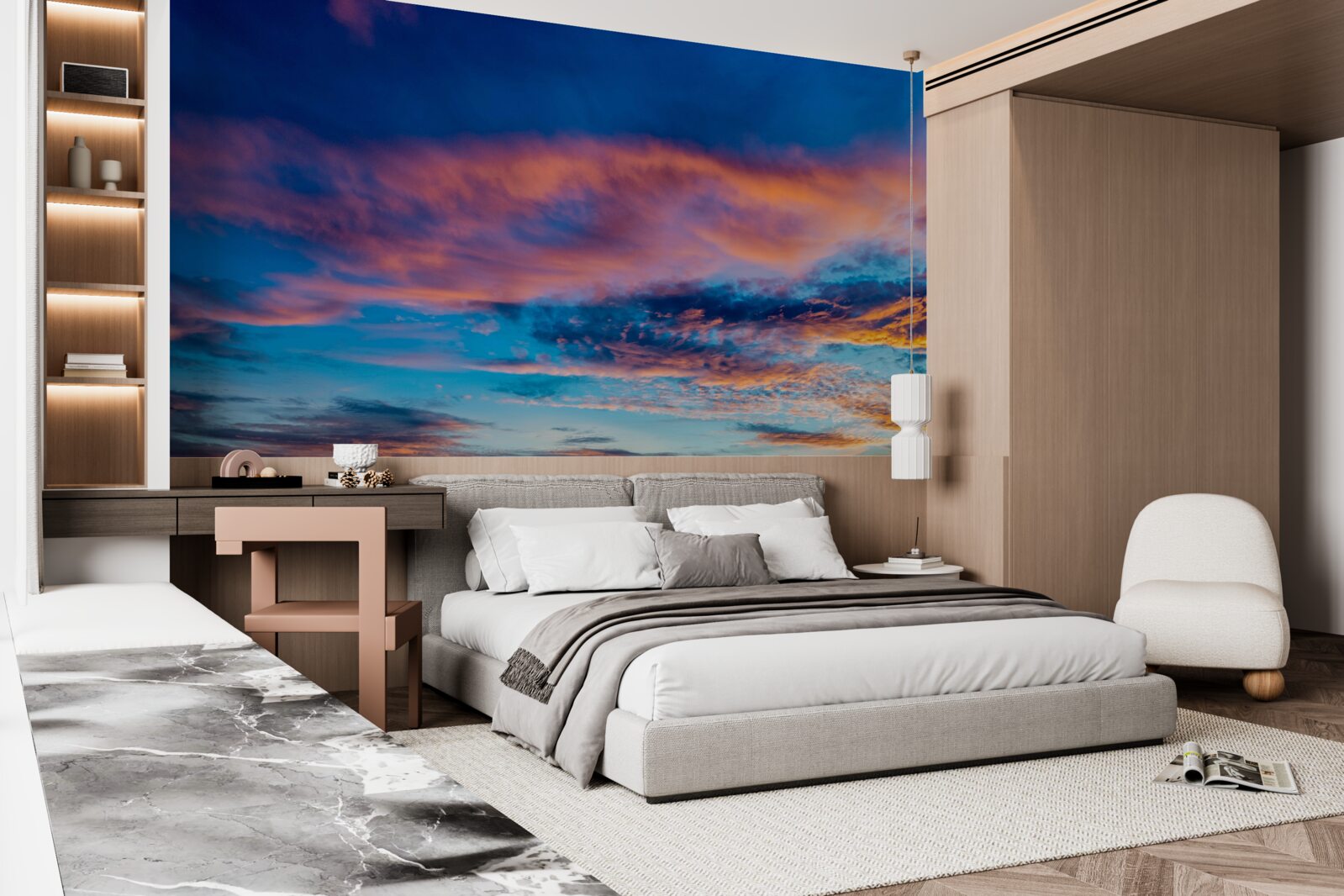 Fotobehang wolken bij zonsondergang, opgeworpen door de wind