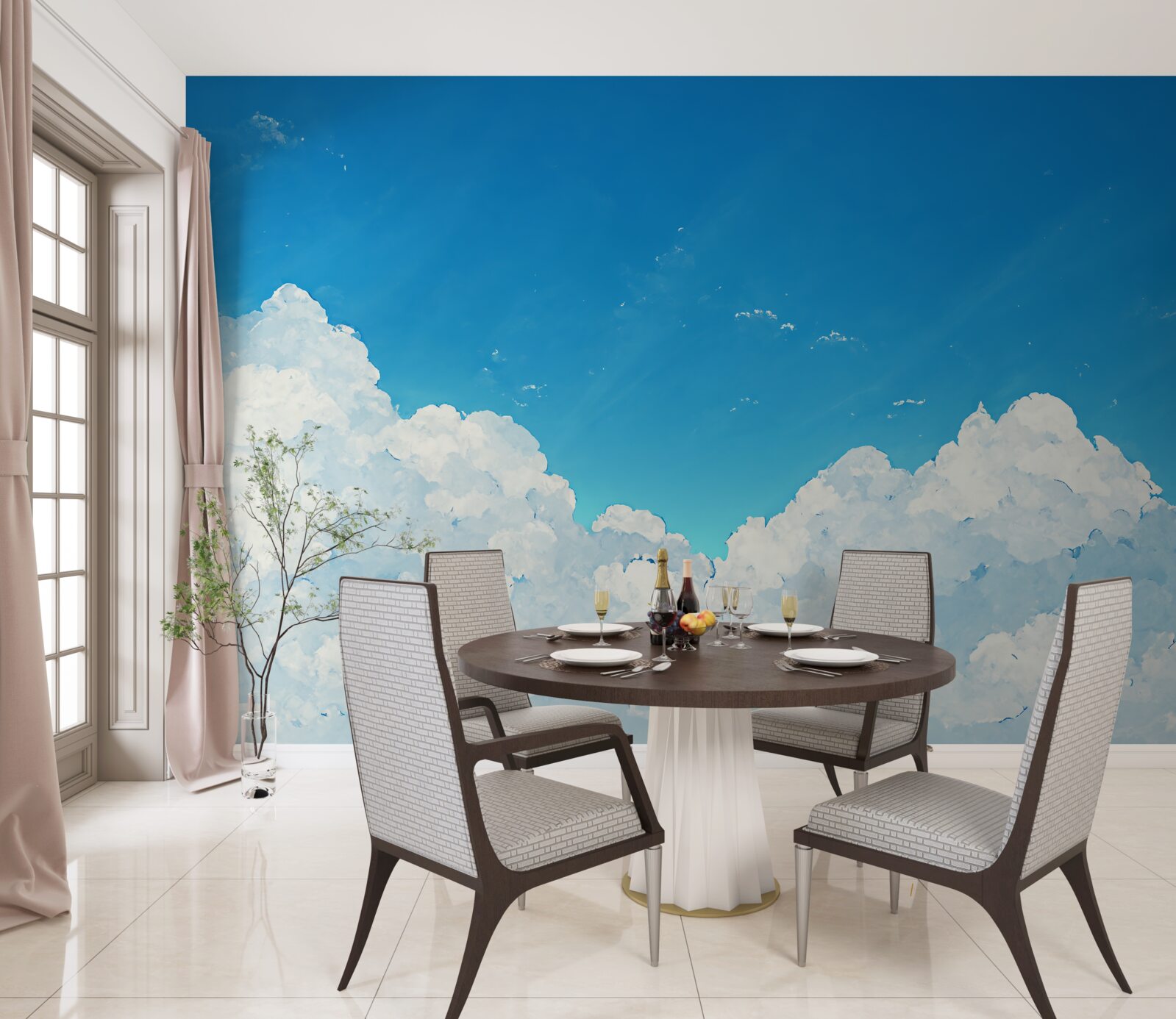 Fotobehang blauwe luchten en sneeuwwitte wolken