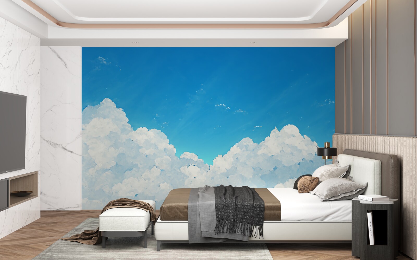 Fotobehang blauwe luchten en sneeuwwitte wolken