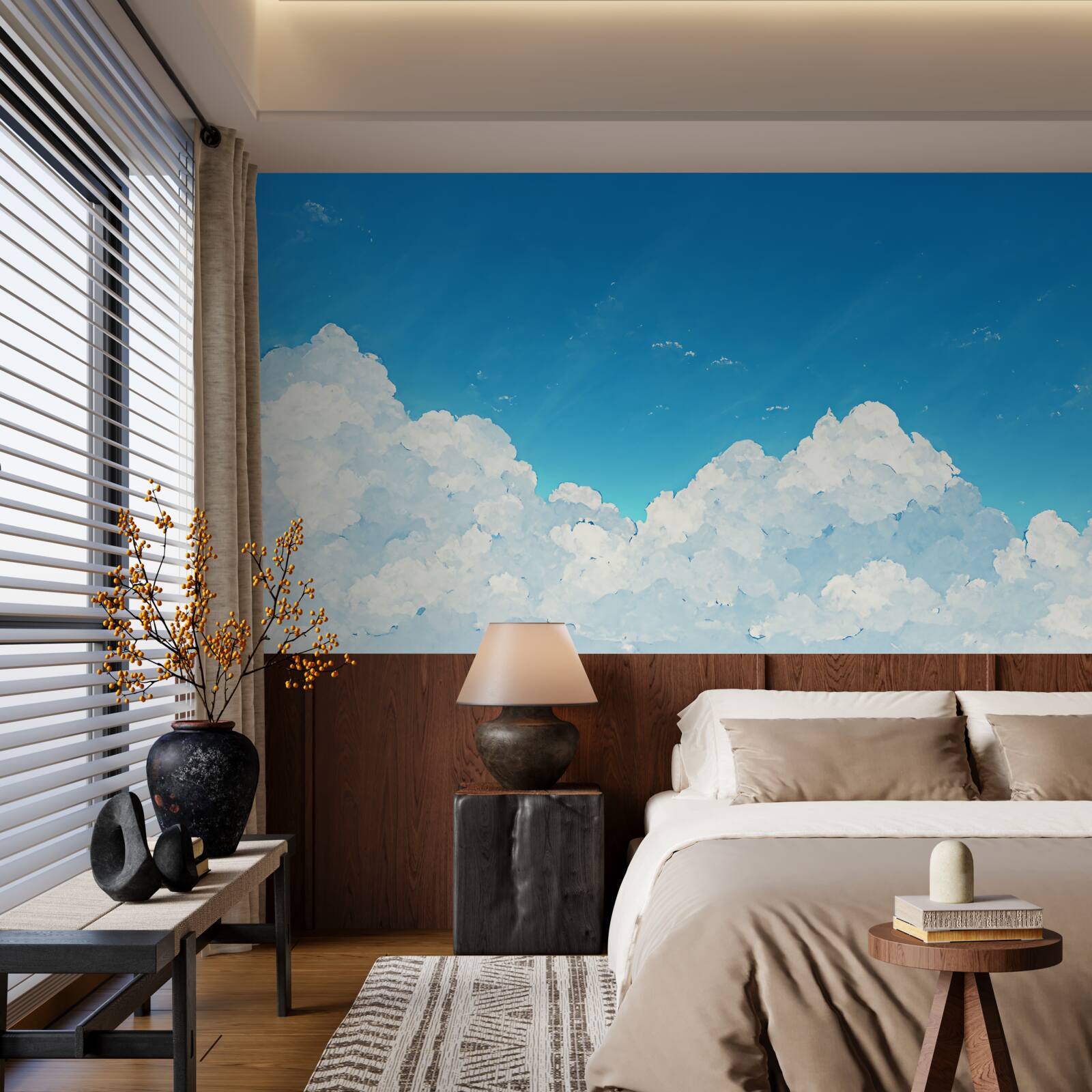 Fotobehang blauwe luchten en sneeuwwitte wolken