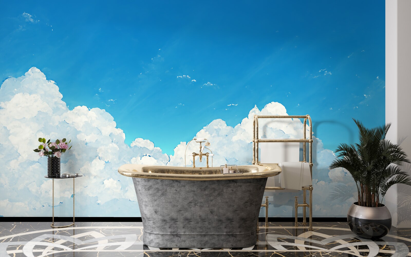 Fotobehang blauwe luchten en sneeuwwitte wolken