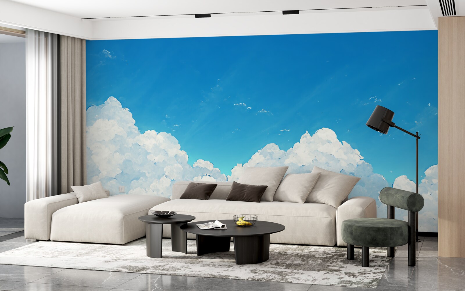 Fotobehang blauwe luchten en sneeuwwitte wolken