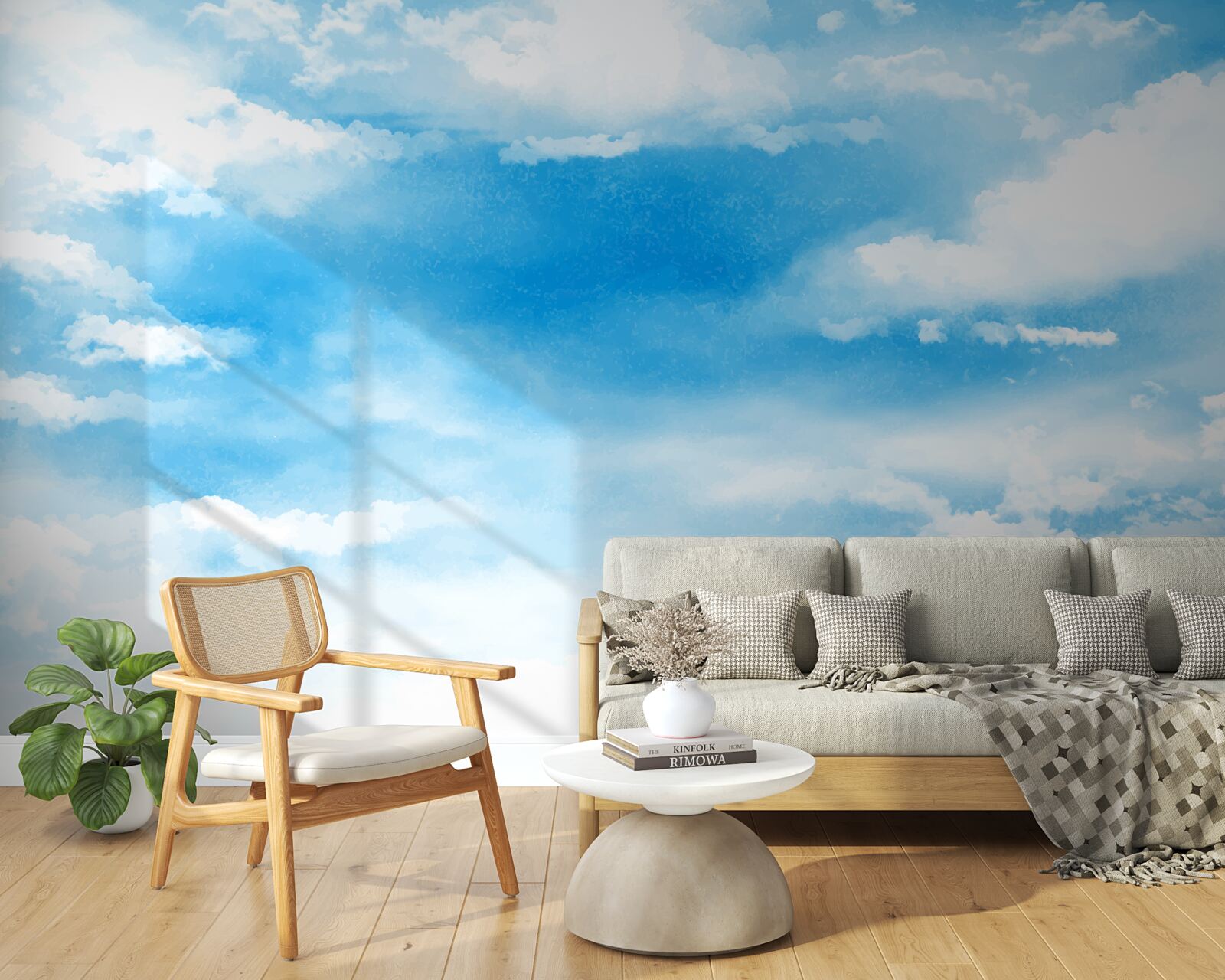 Fotobehang de blauwe lucht is versierd met witte wolken