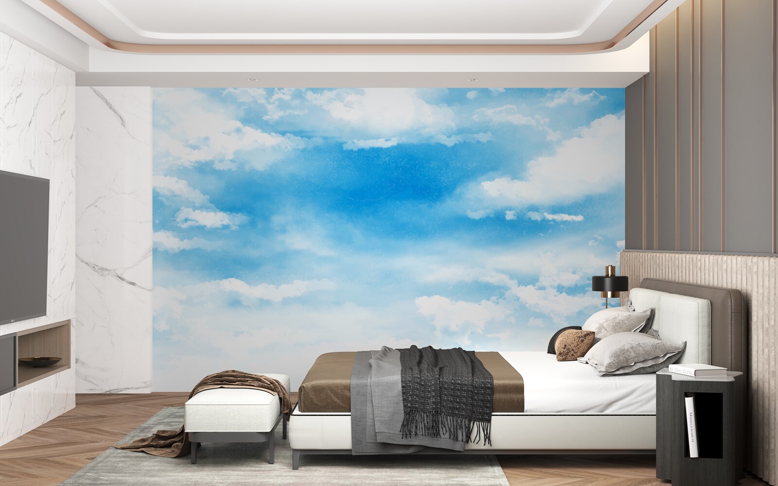 Fotobehang de blauwe lucht is versierd met witte wolken