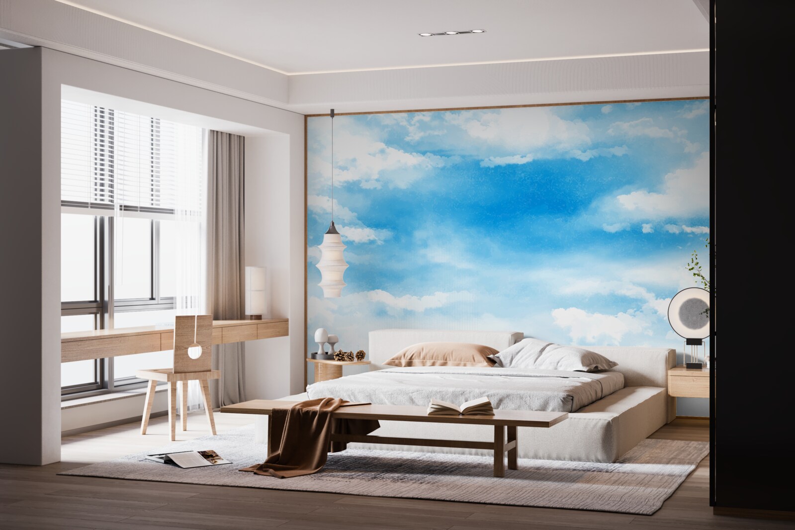 Fotobehang de blauwe lucht is versierd met witte wolken