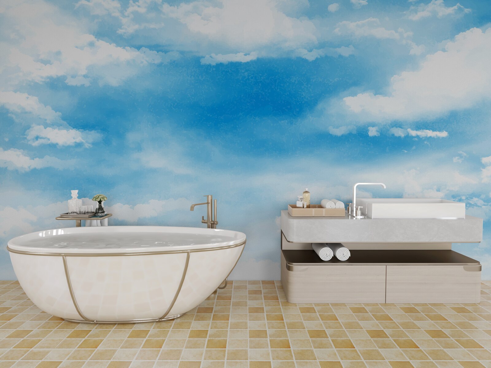 Fotobehang de blauwe lucht is versierd met witte wolken