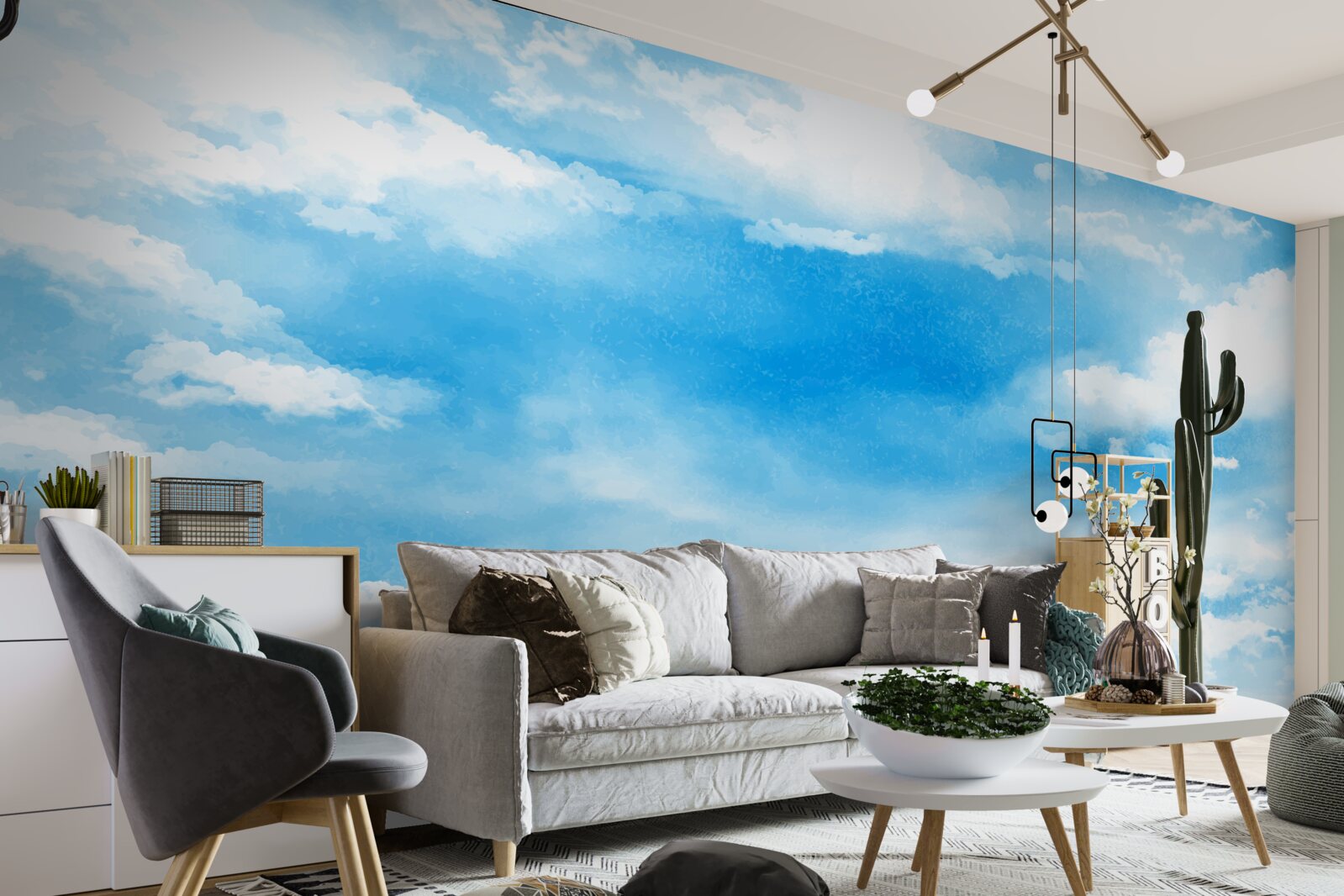 Fotobehang de blauwe lucht is versierd met witte wolken