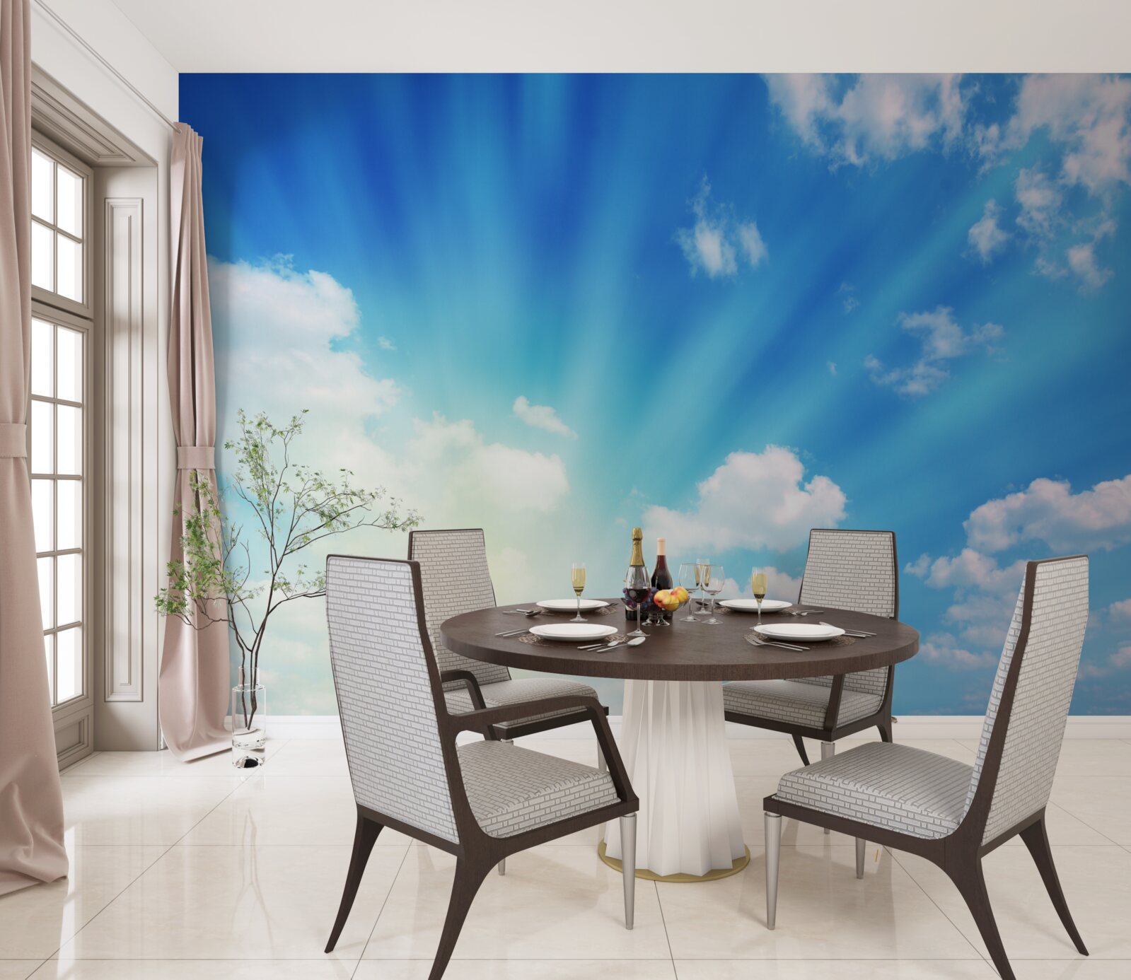 Fotobehang felle zonnestralen schijnen aan de blauwe hemel