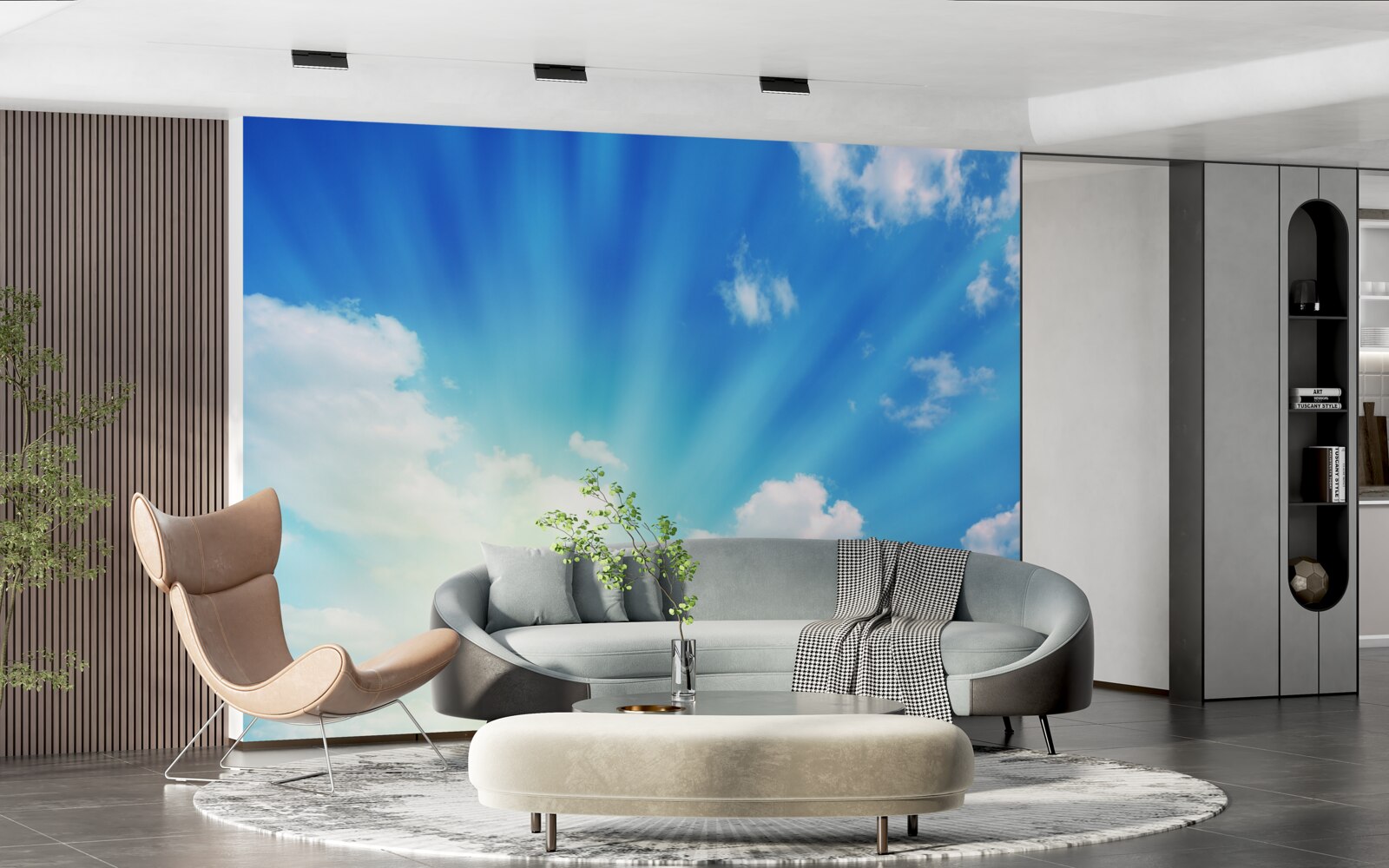 Fotobehang felle zonnestralen schijnen aan de blauwe hemel