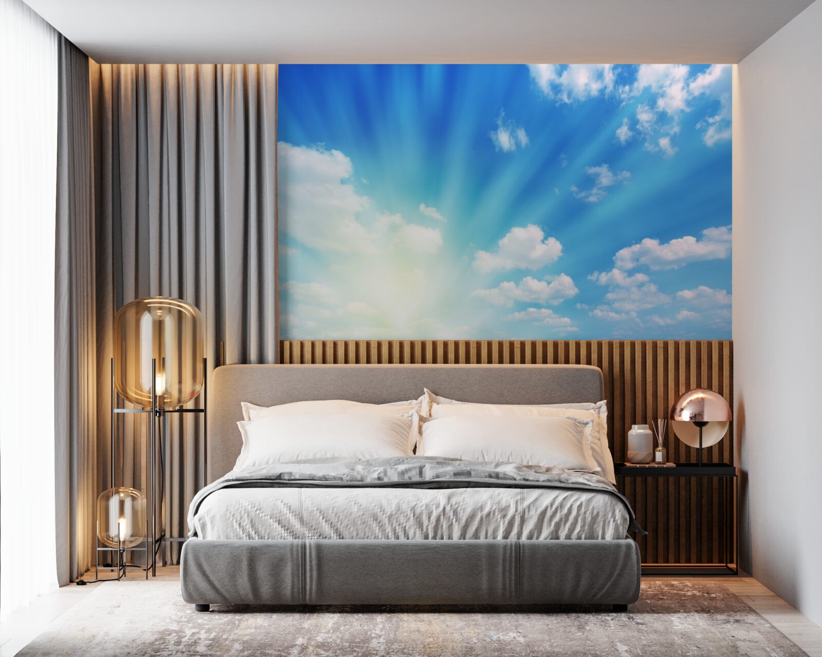 Fotobehang felle zonnestralen schijnen aan de blauwe hemel