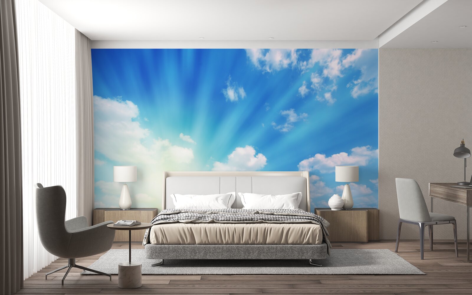 Fotobehang felle zonnestralen schijnen aan de blauwe hemel