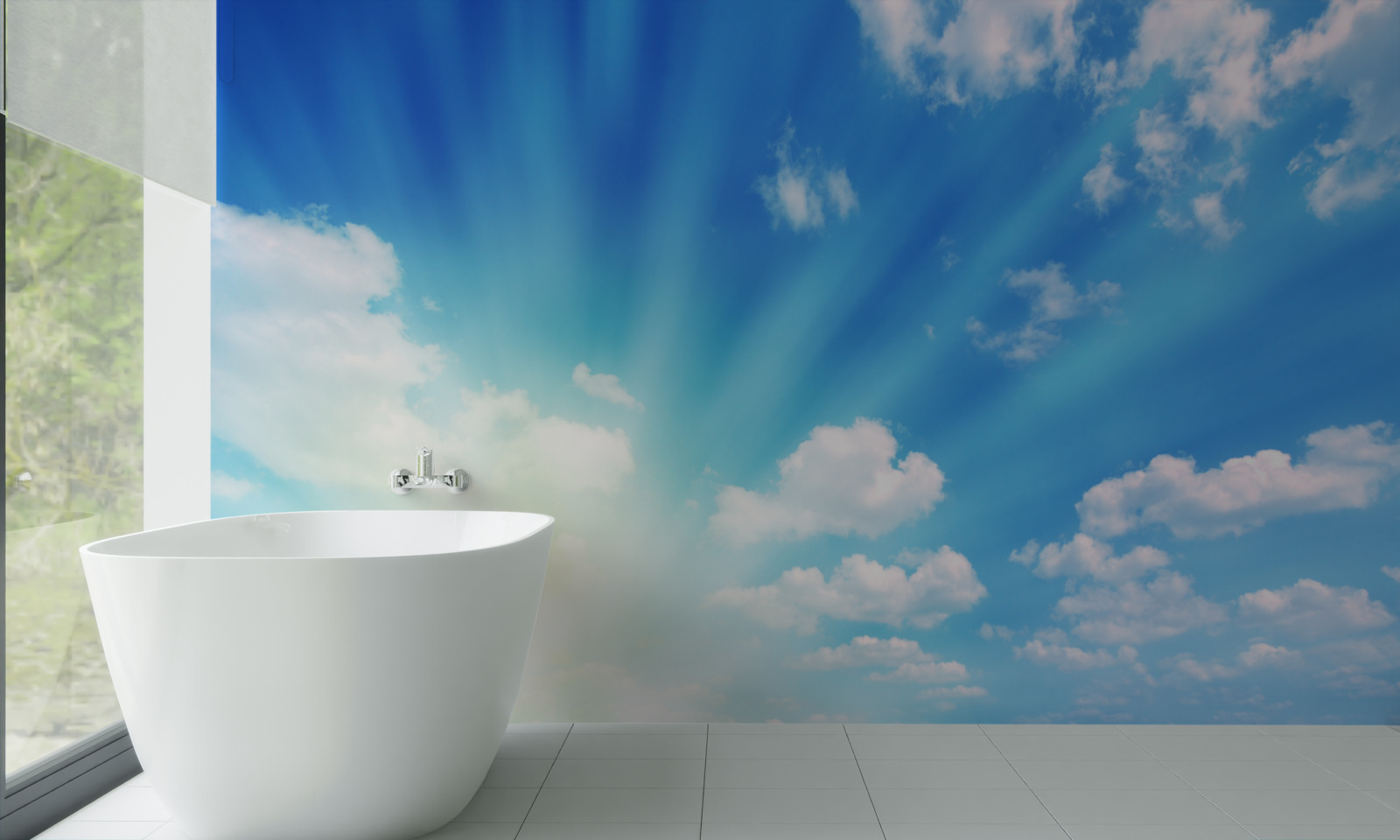 Fotobehang felle zonnestralen schijnen aan de blauwe hemel