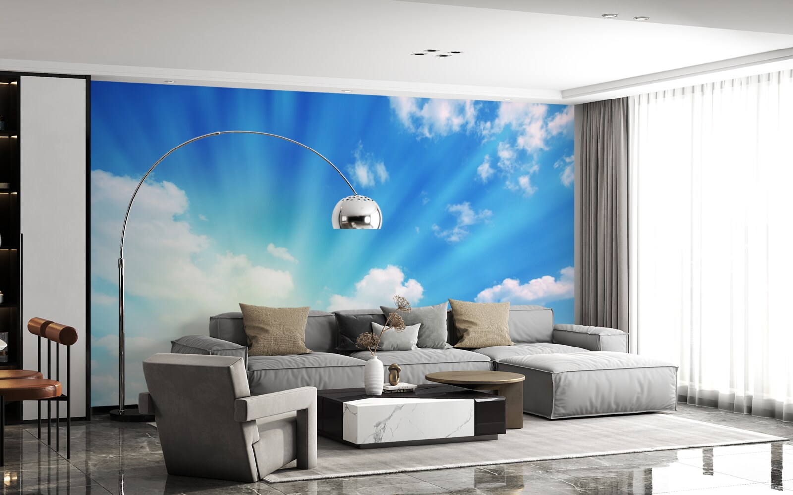 Fotobehang felle zonnestralen schijnen aan de blauwe hemel