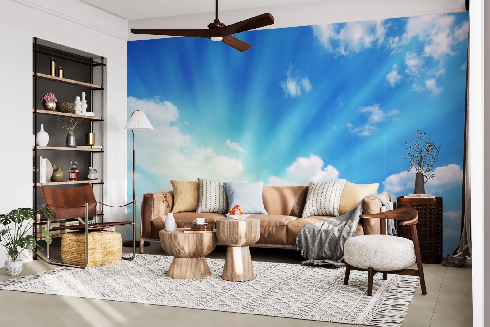 Fotobehang felle zonnestralen schijnen aan de blauwe hemel