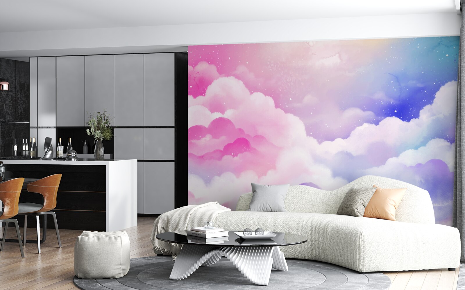 Fotobehang de lucht is felroze en blauw in een abstracte stijl