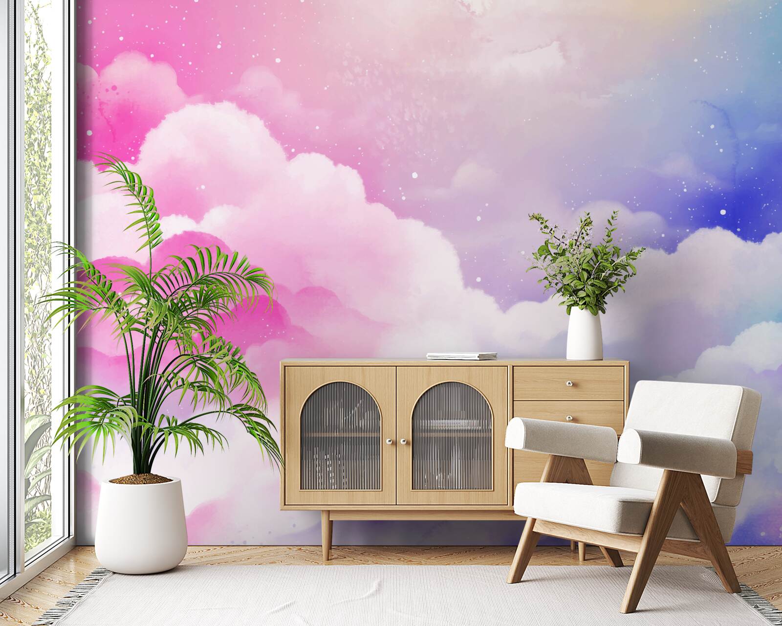 Fotobehang de lucht is felroze en blauw in een abstracte stijl