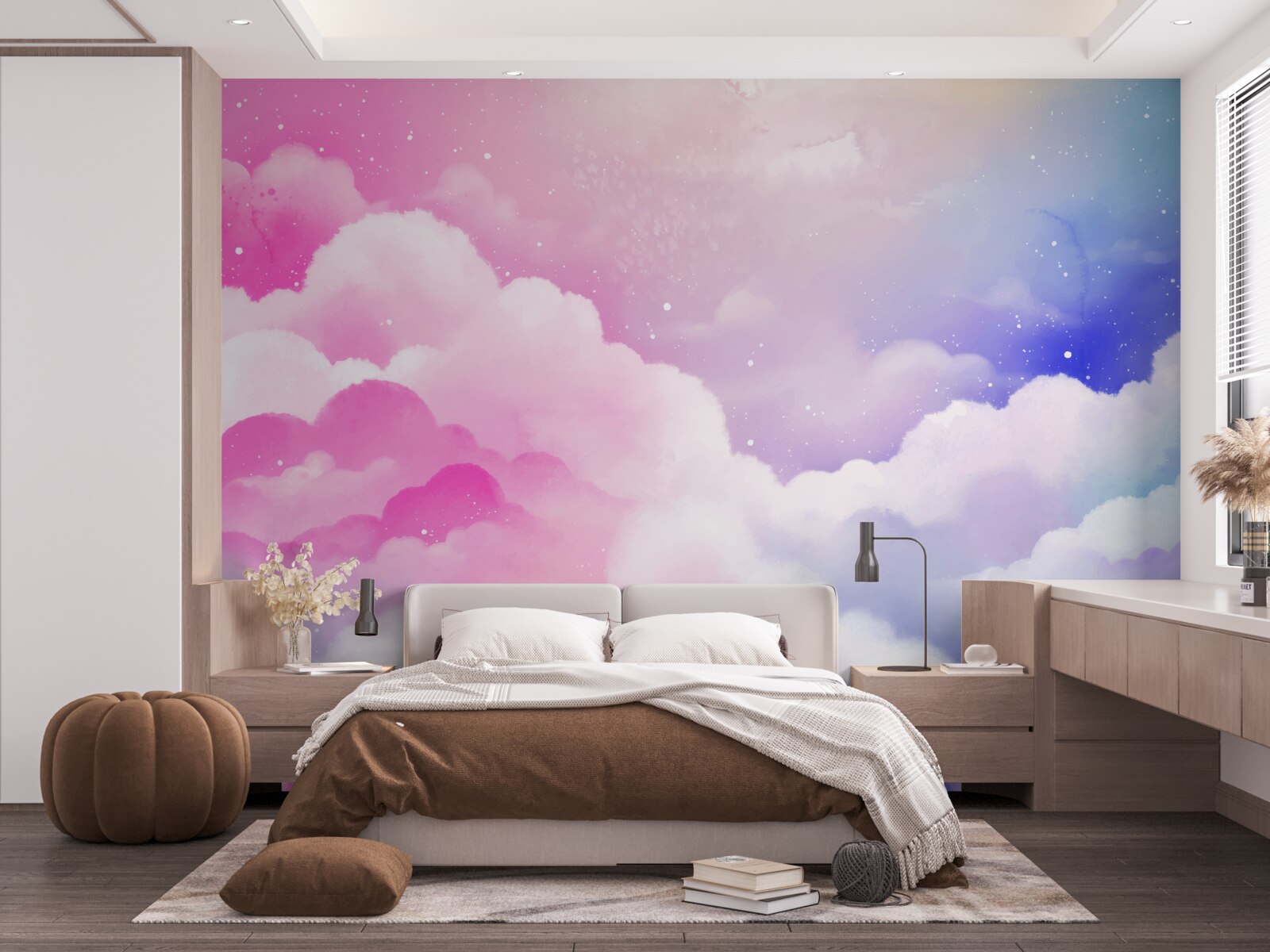 Fotobehang de lucht is felroze en blauw in een abstracte stijl