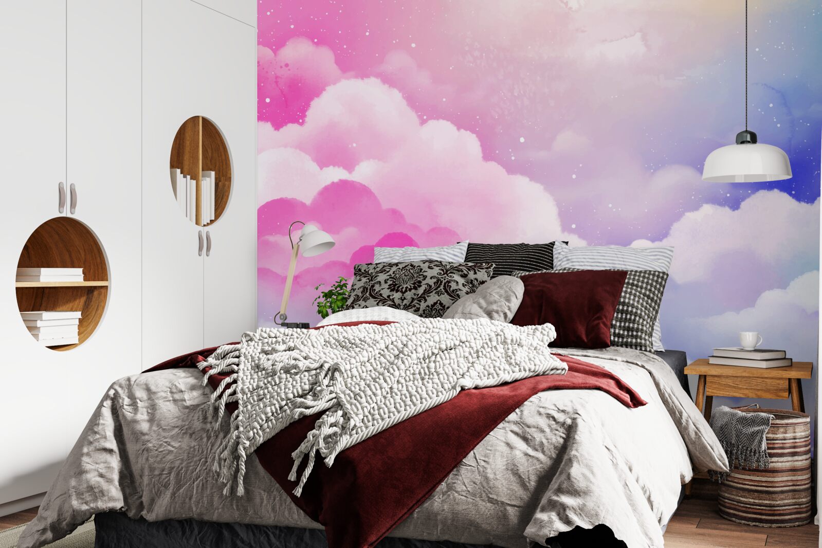 Fotobehang de lucht is felroze en blauw in een abstracte stijl