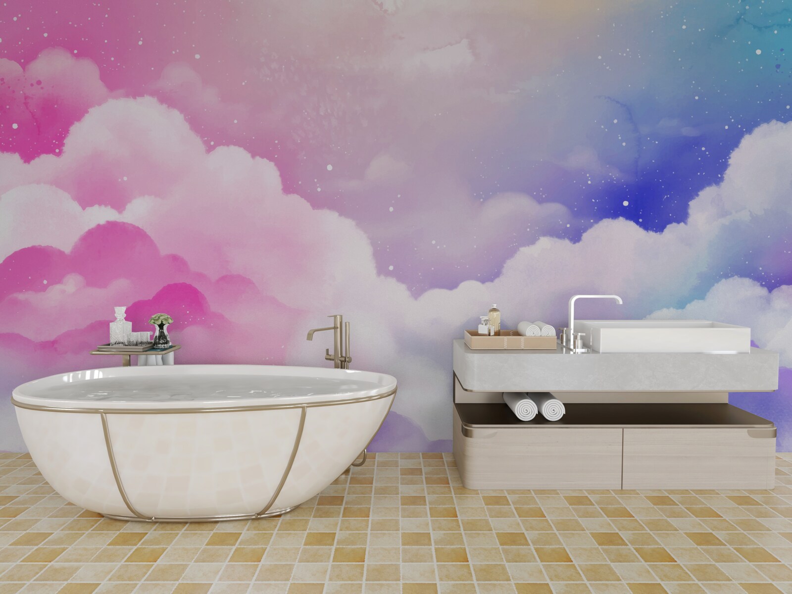 Fotobehang de lucht is felroze en blauw in een abstracte stijl