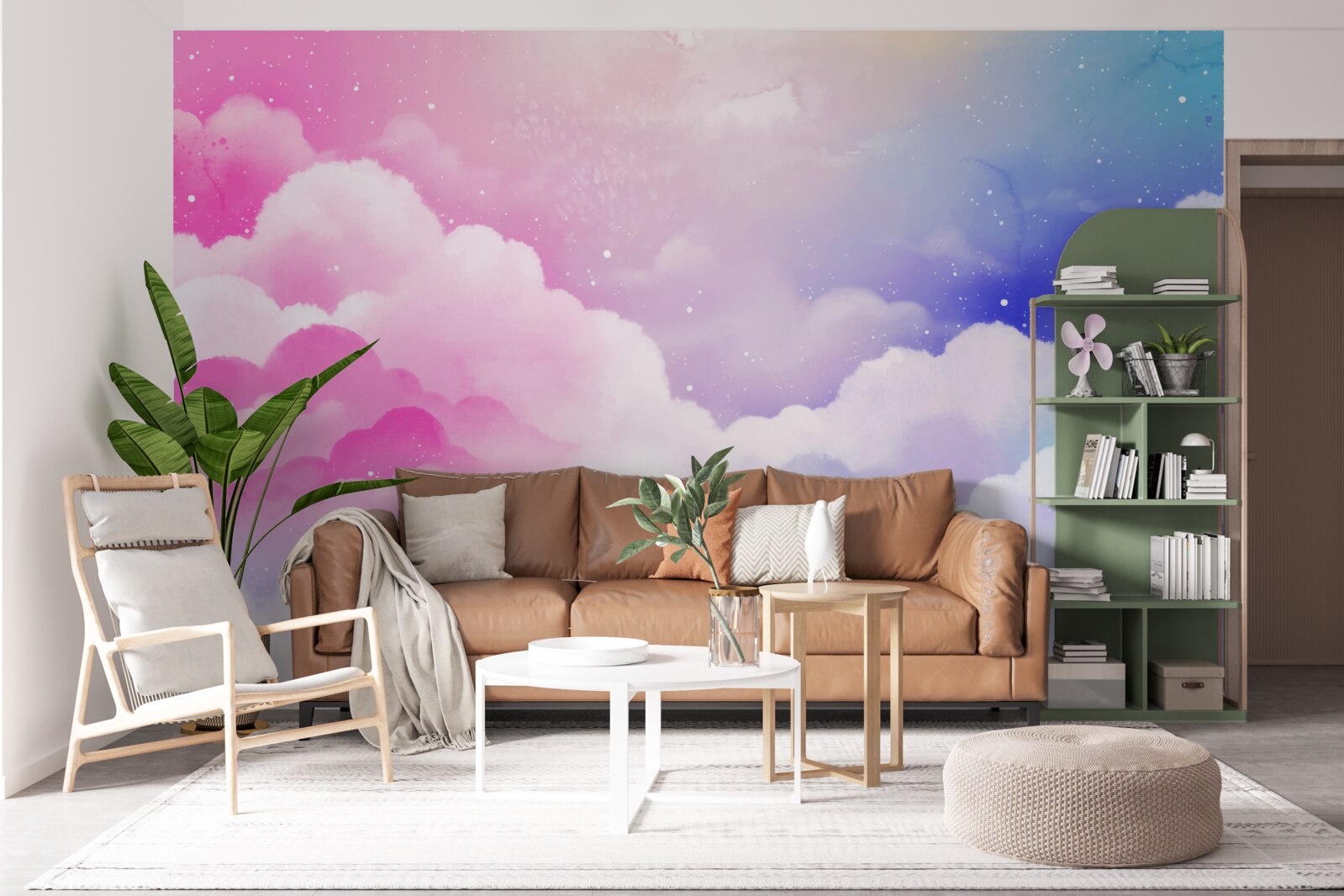 Fotobehang de lucht is felroze en blauw in een abstracte stijl