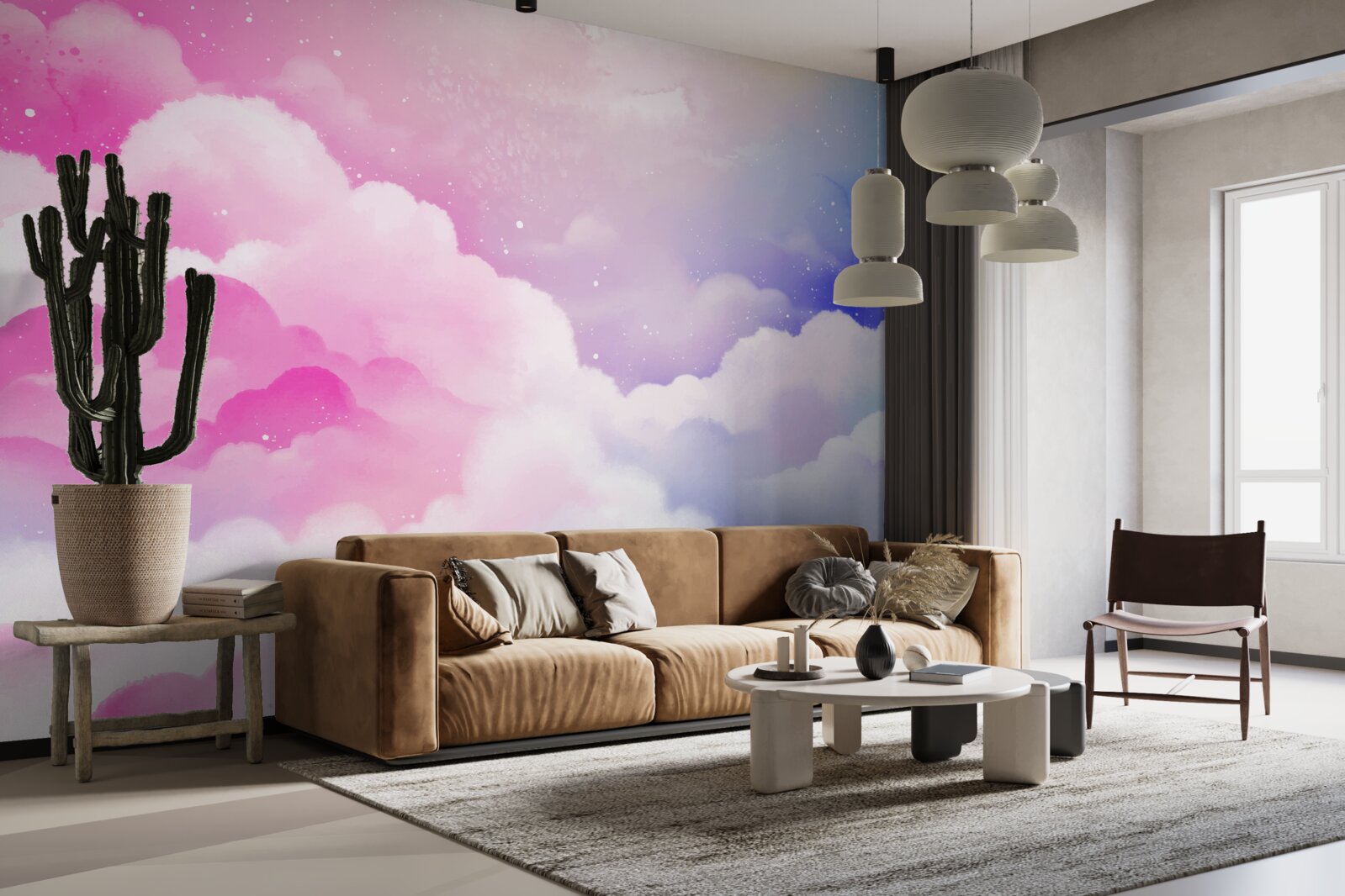 Fotobehang de lucht is felroze en blauw in een abstracte stijl