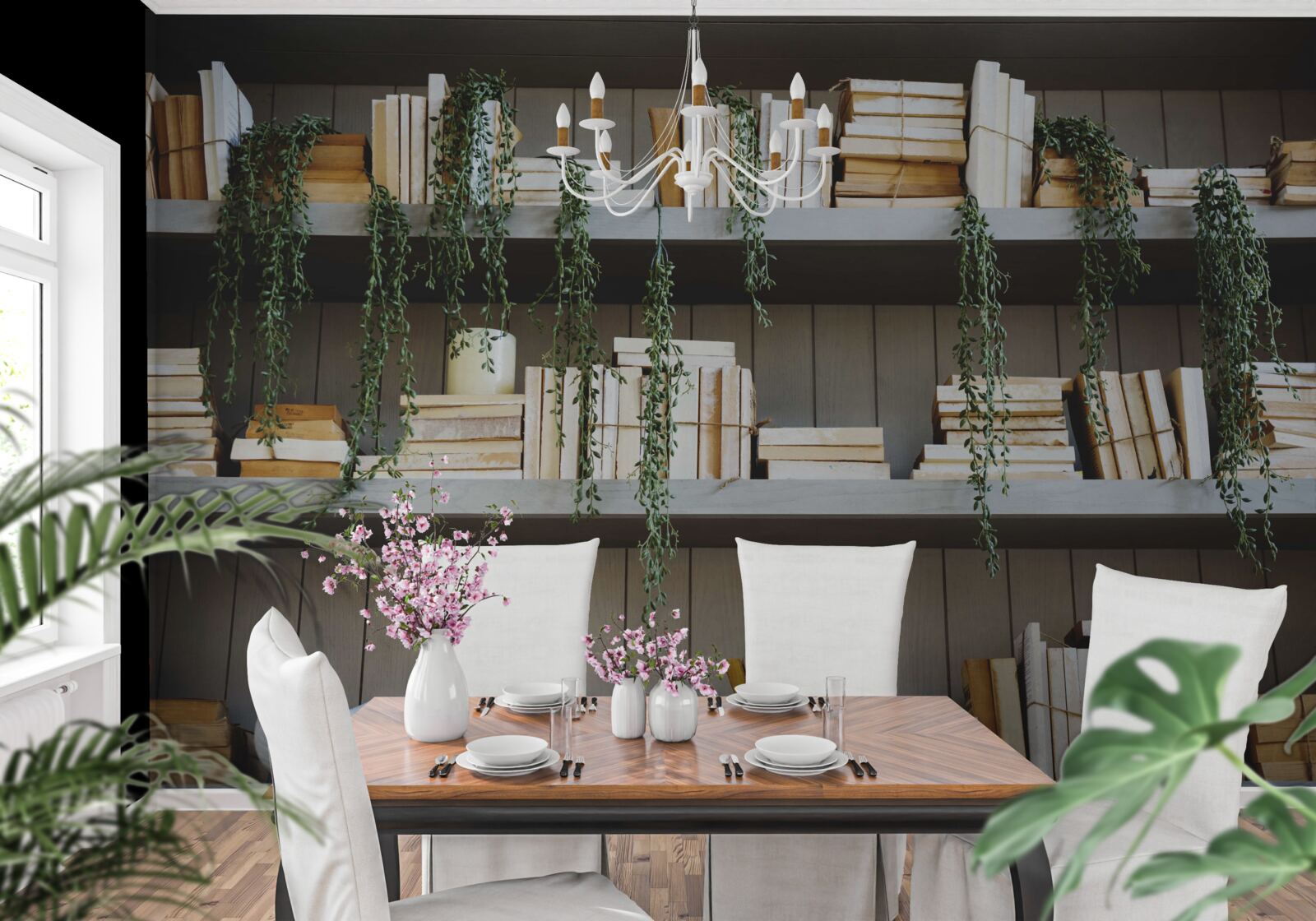 Fotobehang planken met boeken en groene planten creëren een gezellige sfeer
