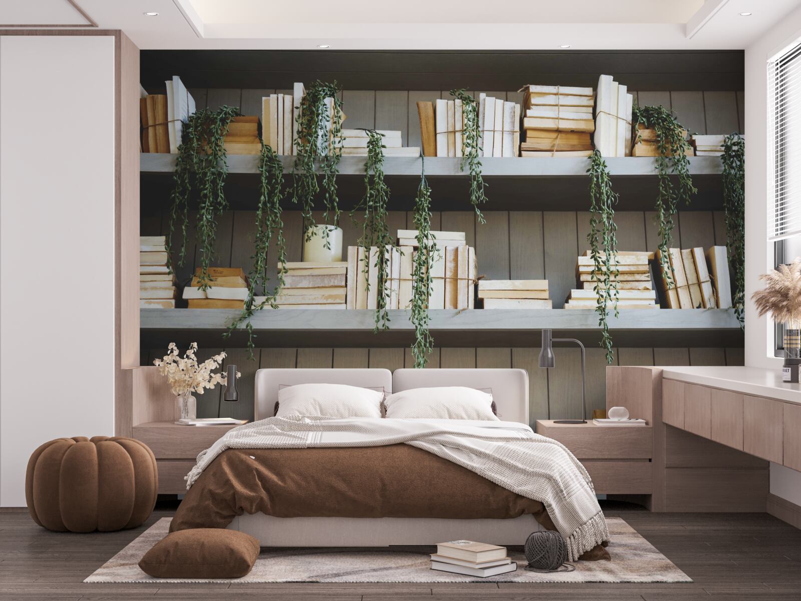 Fotobehang planken met boeken en groene planten creëren een gezellige sfeer