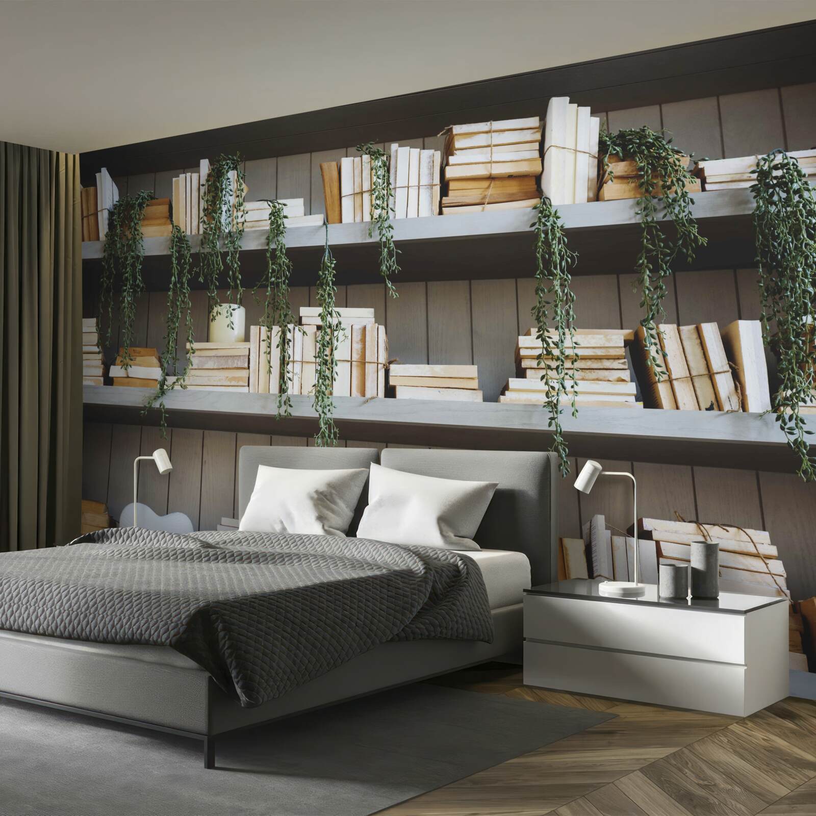 Fotobehang planken met boeken en groene planten creëren een gezellige sfeer