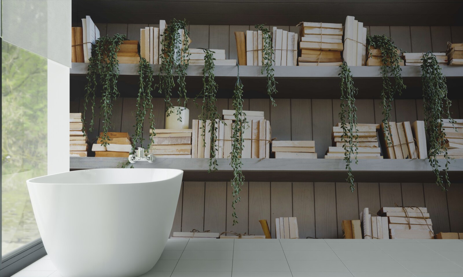 Fotobehang planken met boeken en groene planten creëren een gezellige sfeer