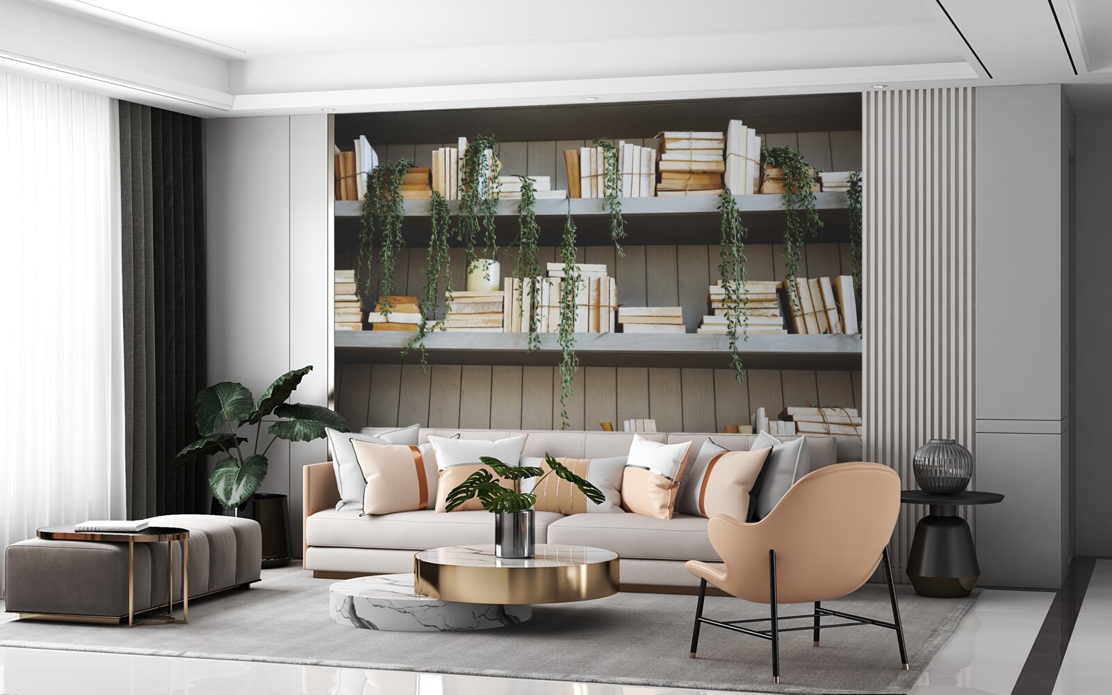 Fotobehang planken met boeken en groene planten creëren een gezellige sfeer