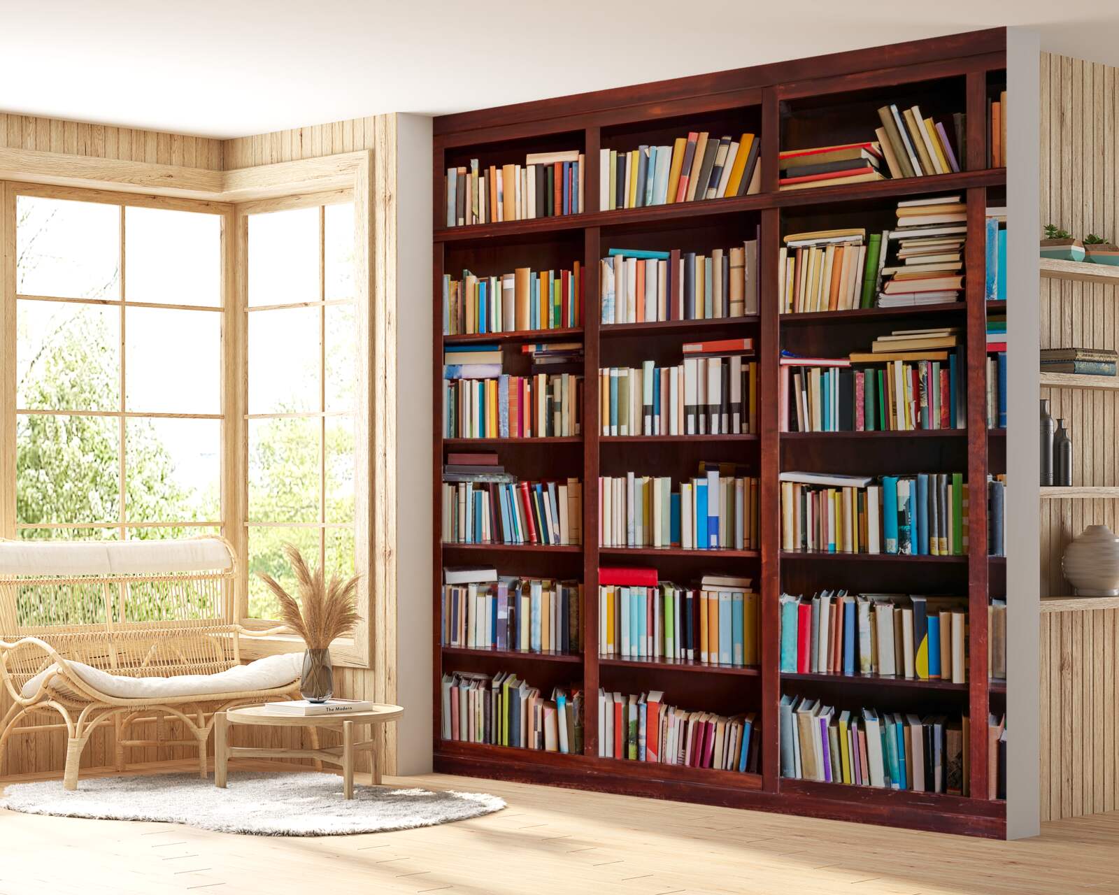 Fotobehang rijen boeken in verschillende kleuren op de planken