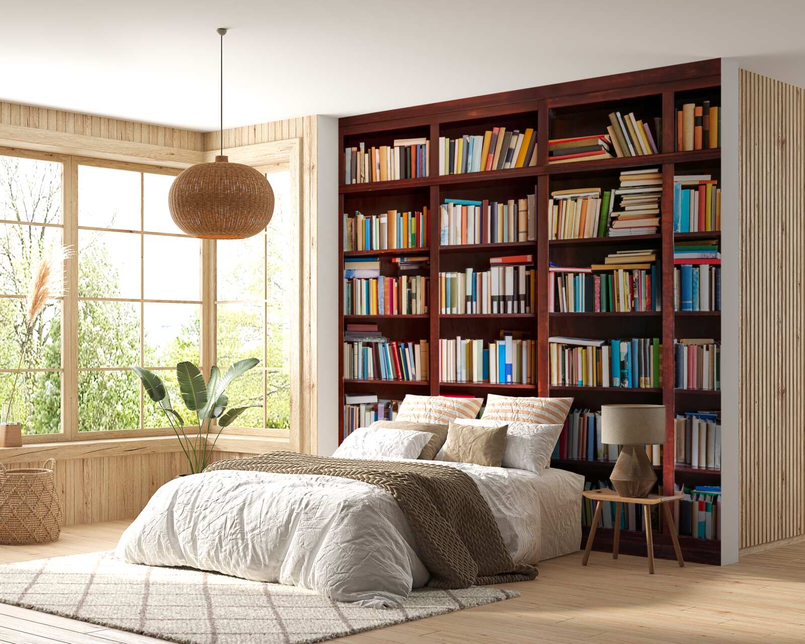 Fotobehang rijen boeken in verschillende kleuren op de planken