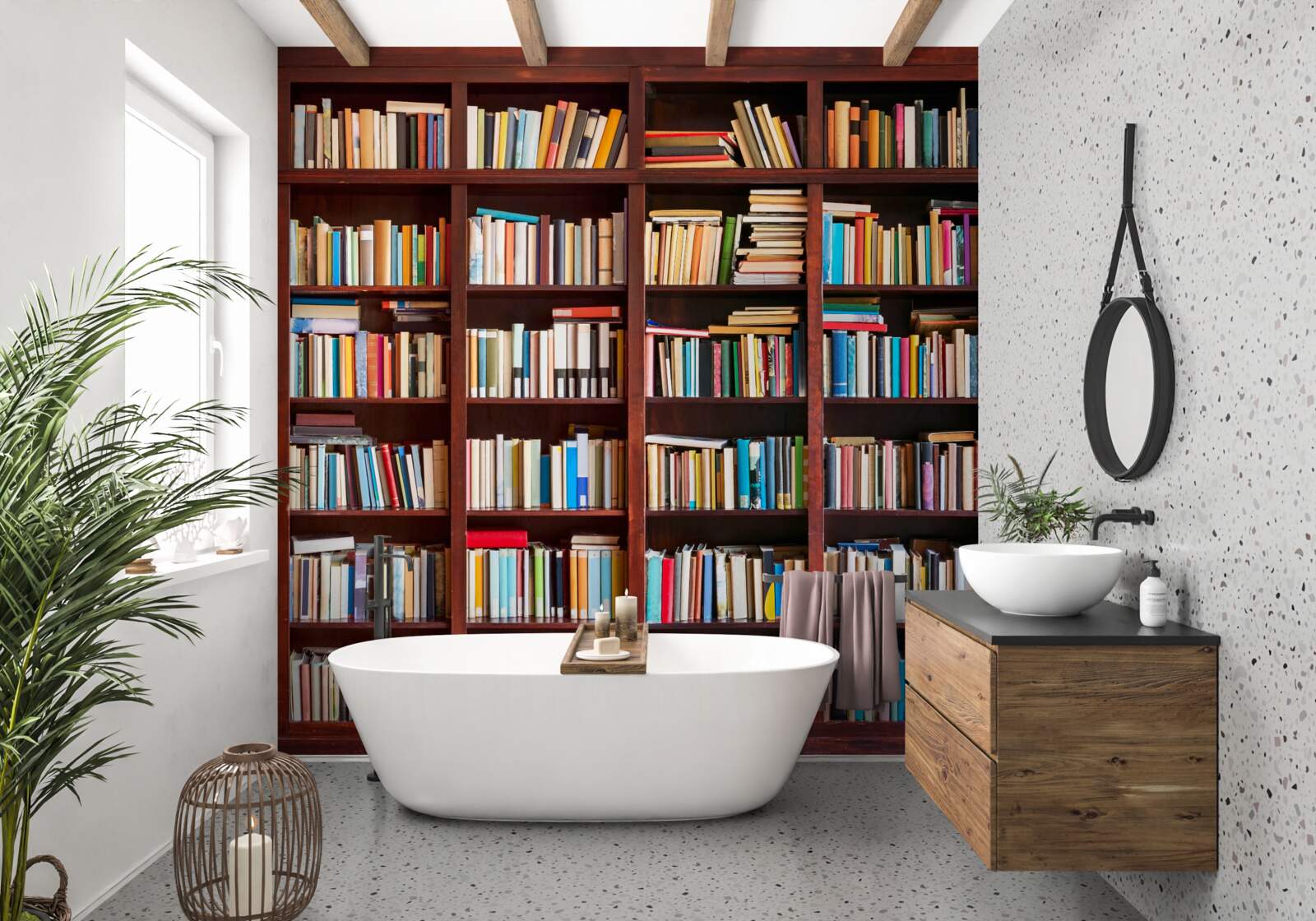 Fotobehang rijen boeken in verschillende kleuren op de planken