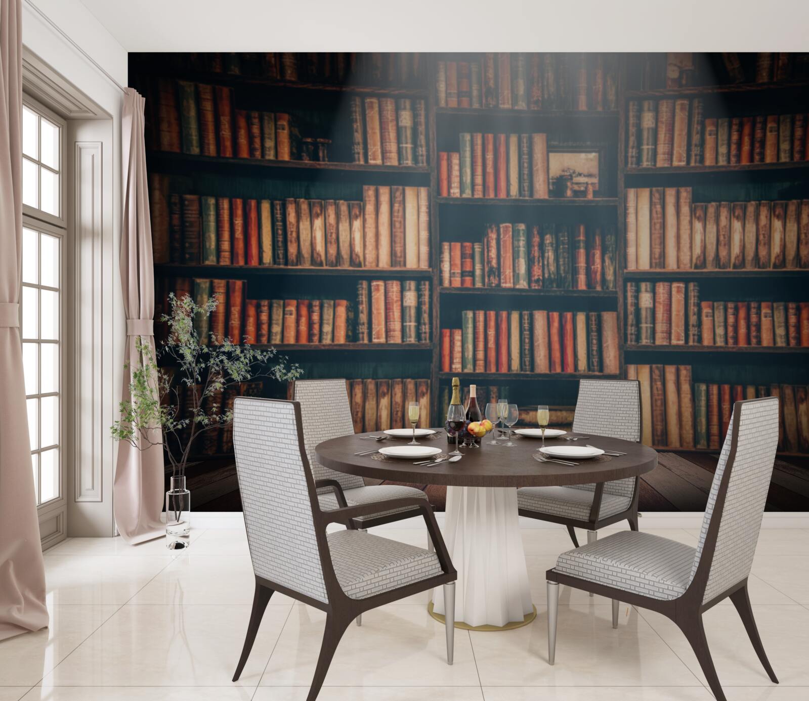 Fotobehang een zonnestraal die de boeken binnendringt