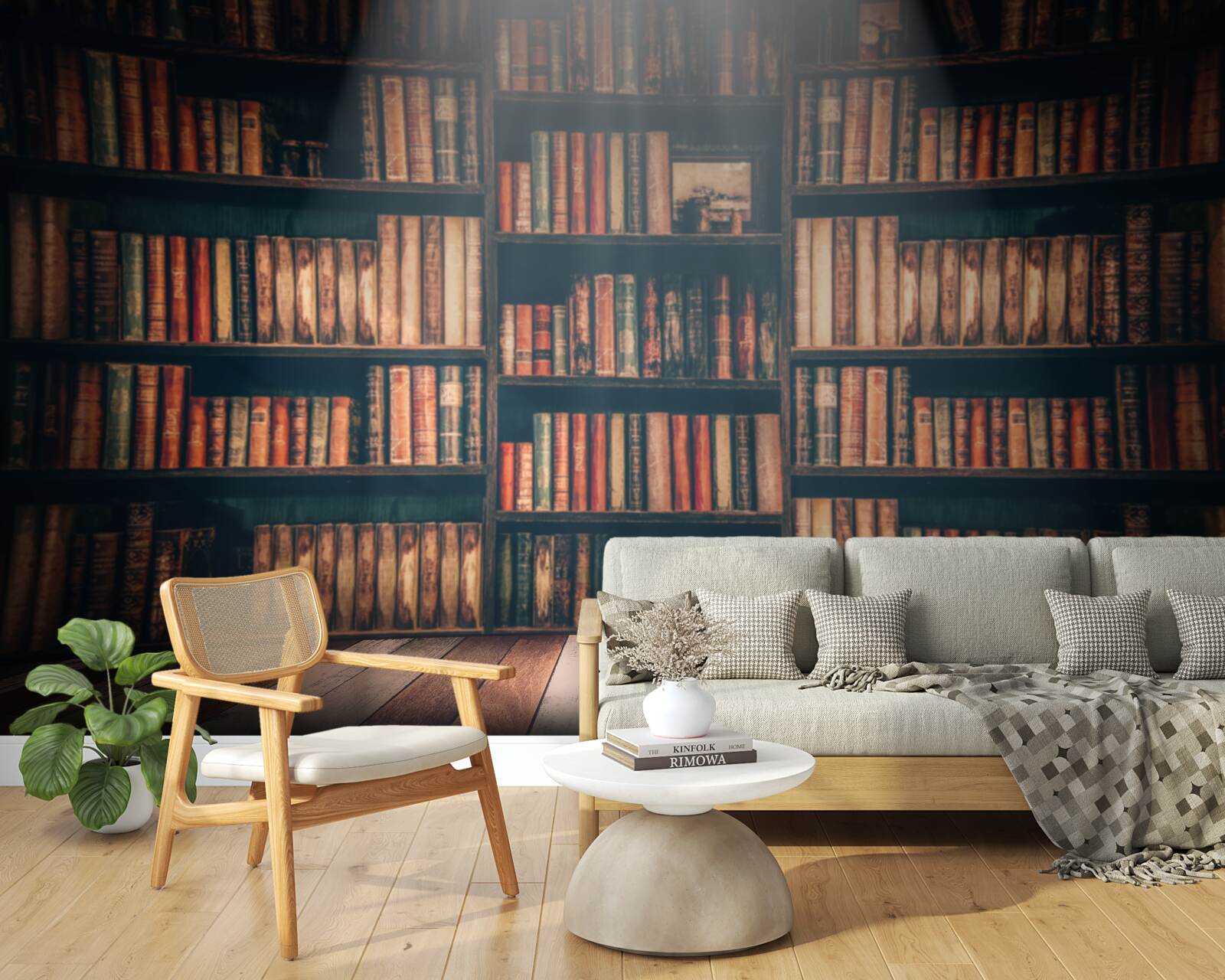 Fotobehang een zonnestraal die de boeken binnendringt