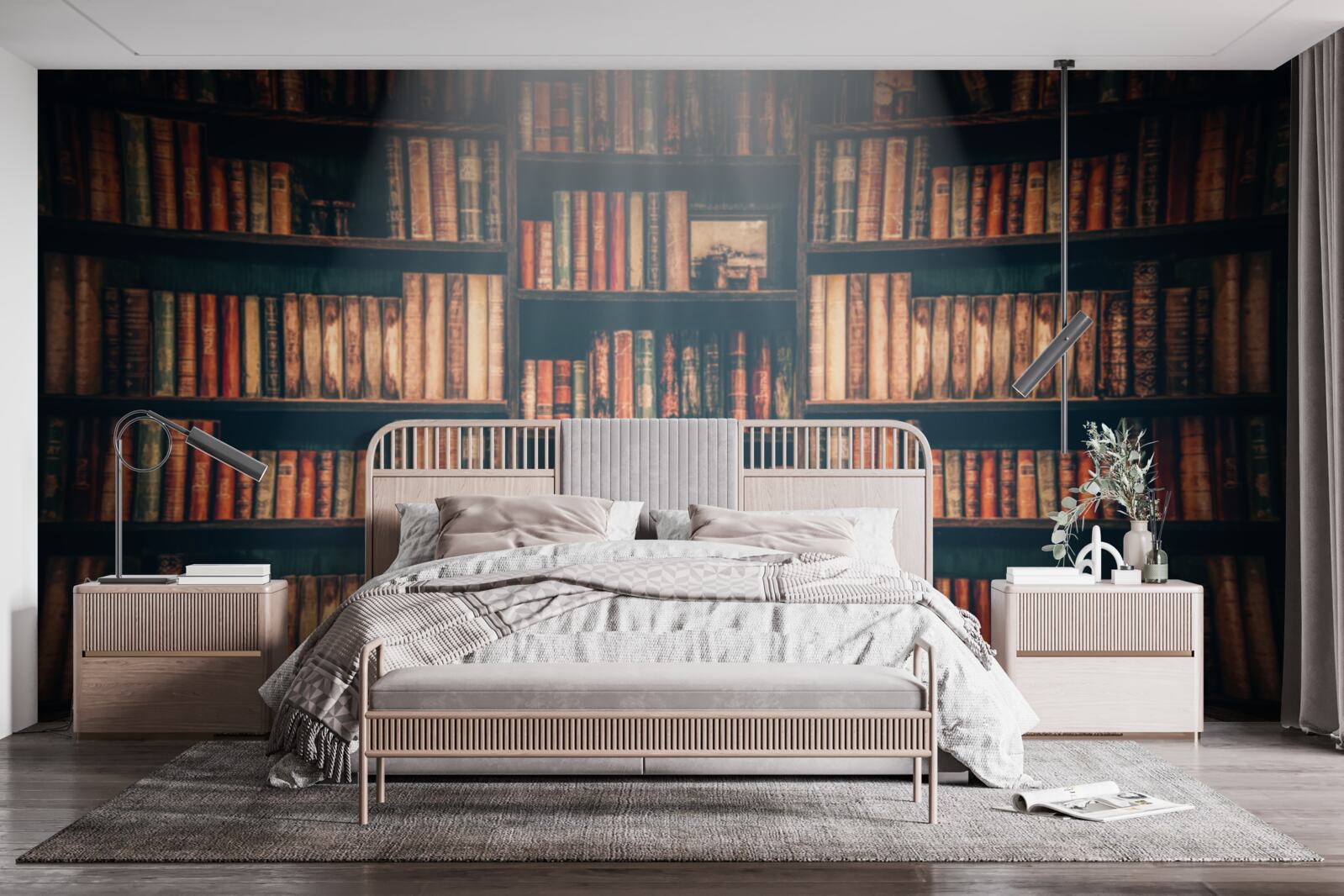 Fotobehang een zonnestraal die de boeken binnendringt