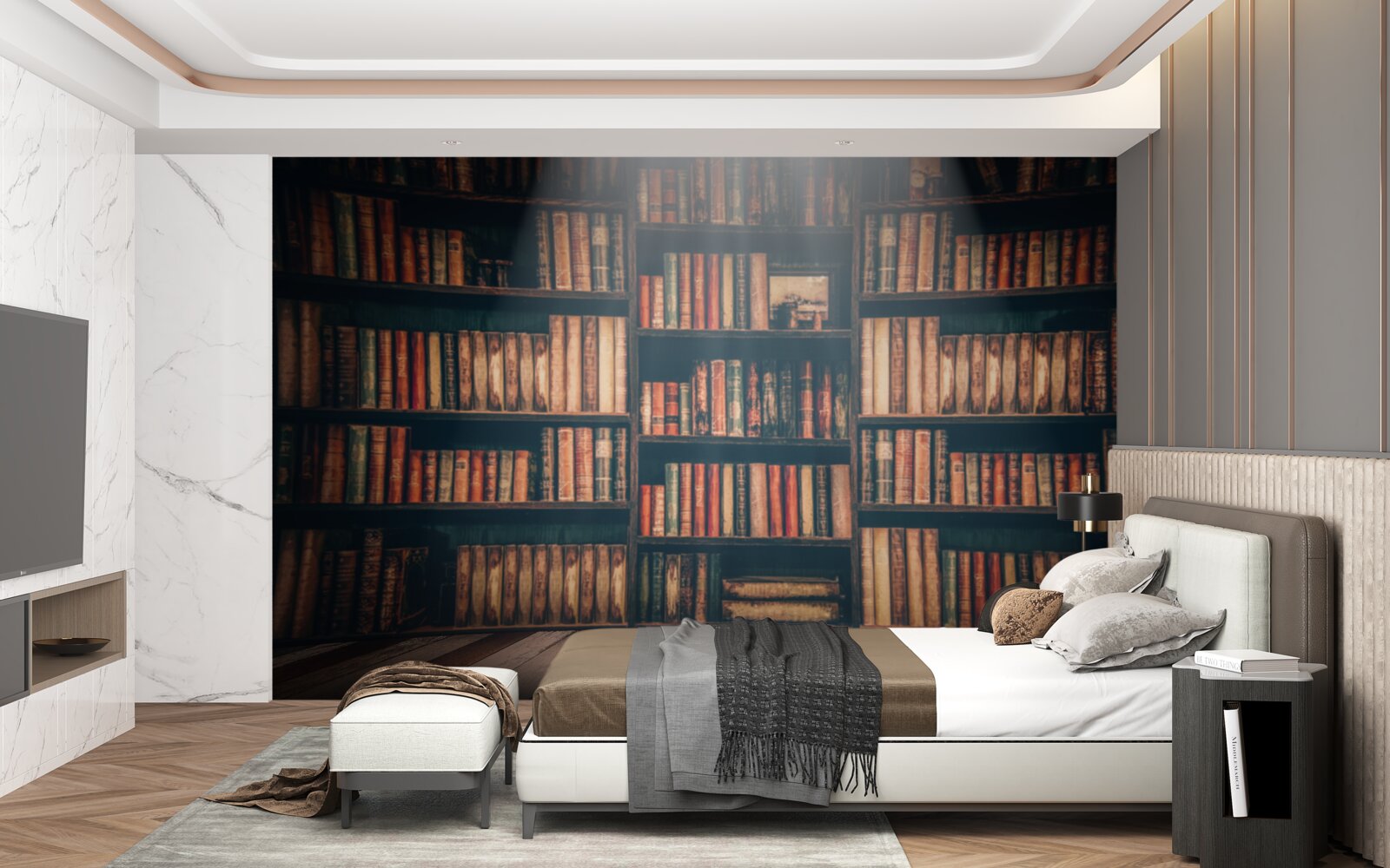 Fotobehang een zonnestraal die de boeken binnendringt