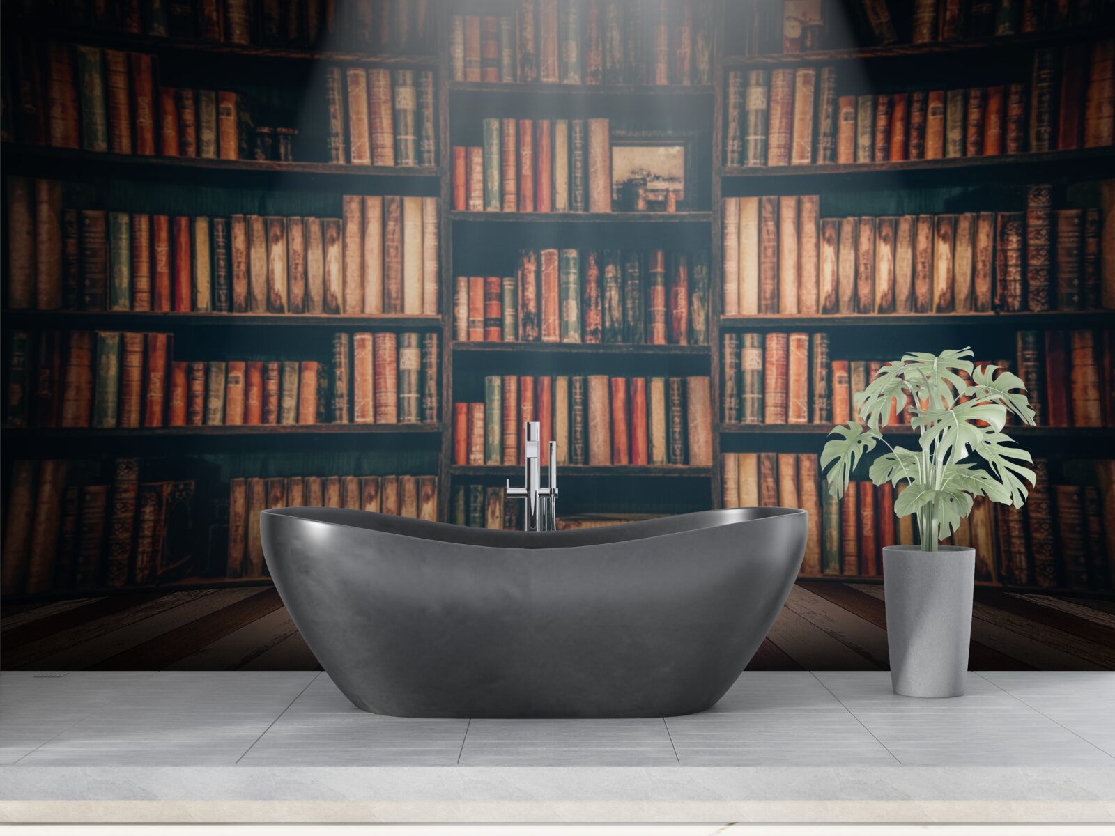 Fotobehang een zonnestraal die de boeken binnendringt